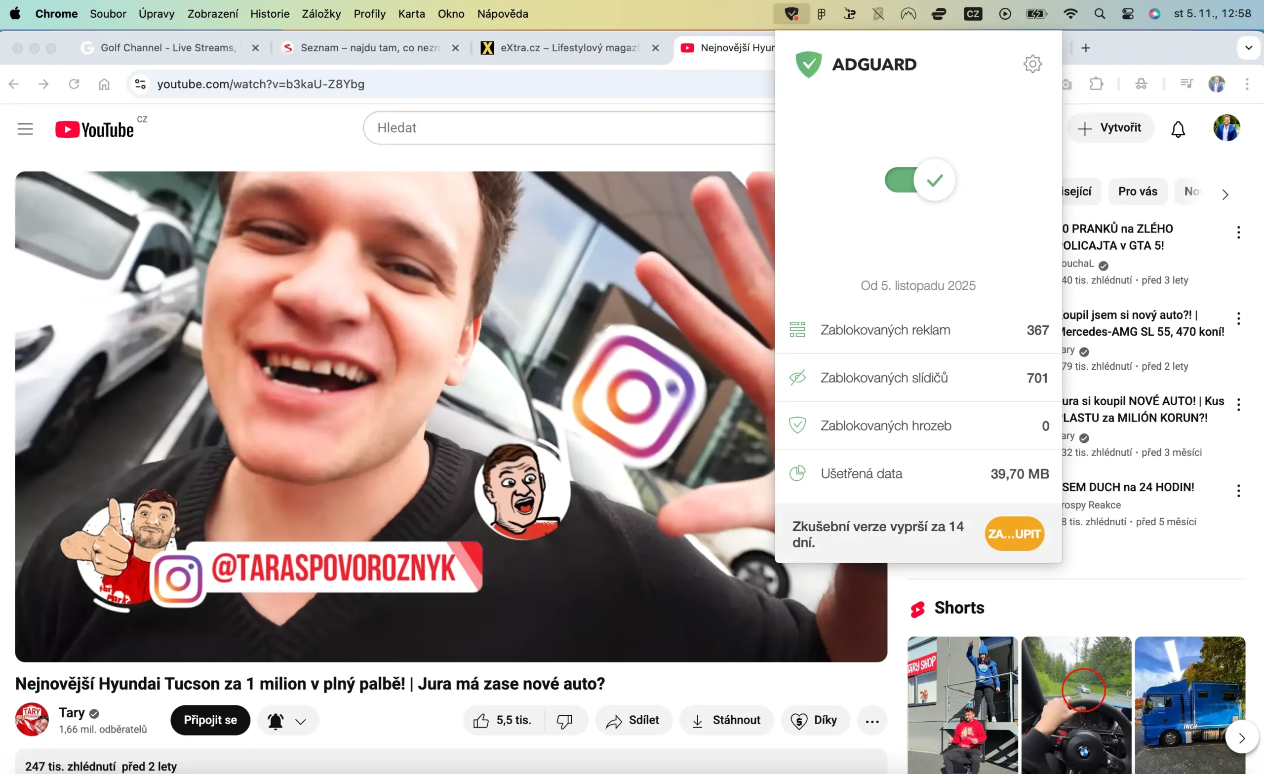 Test AdGuard na MacOS při sledování dalšího YouTube videa, nulové reklamy a rostoucí počty zablokovaných sledovacích skriptů