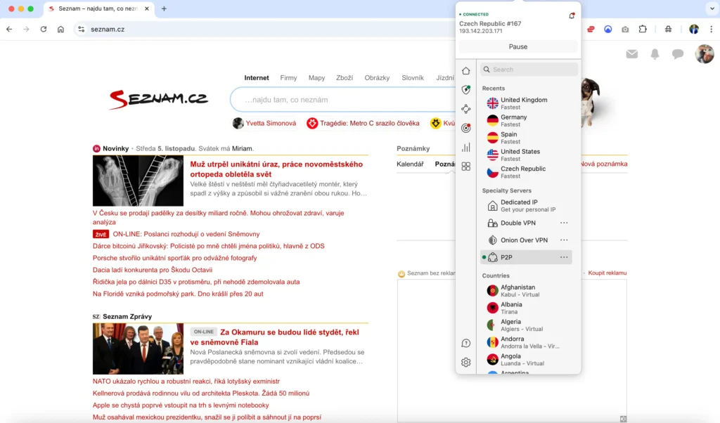 Surfování po Seznamu přes NordVPN – žádné cílené reklamy, žádné sledování. Připojení přes český server běží bez problémů.