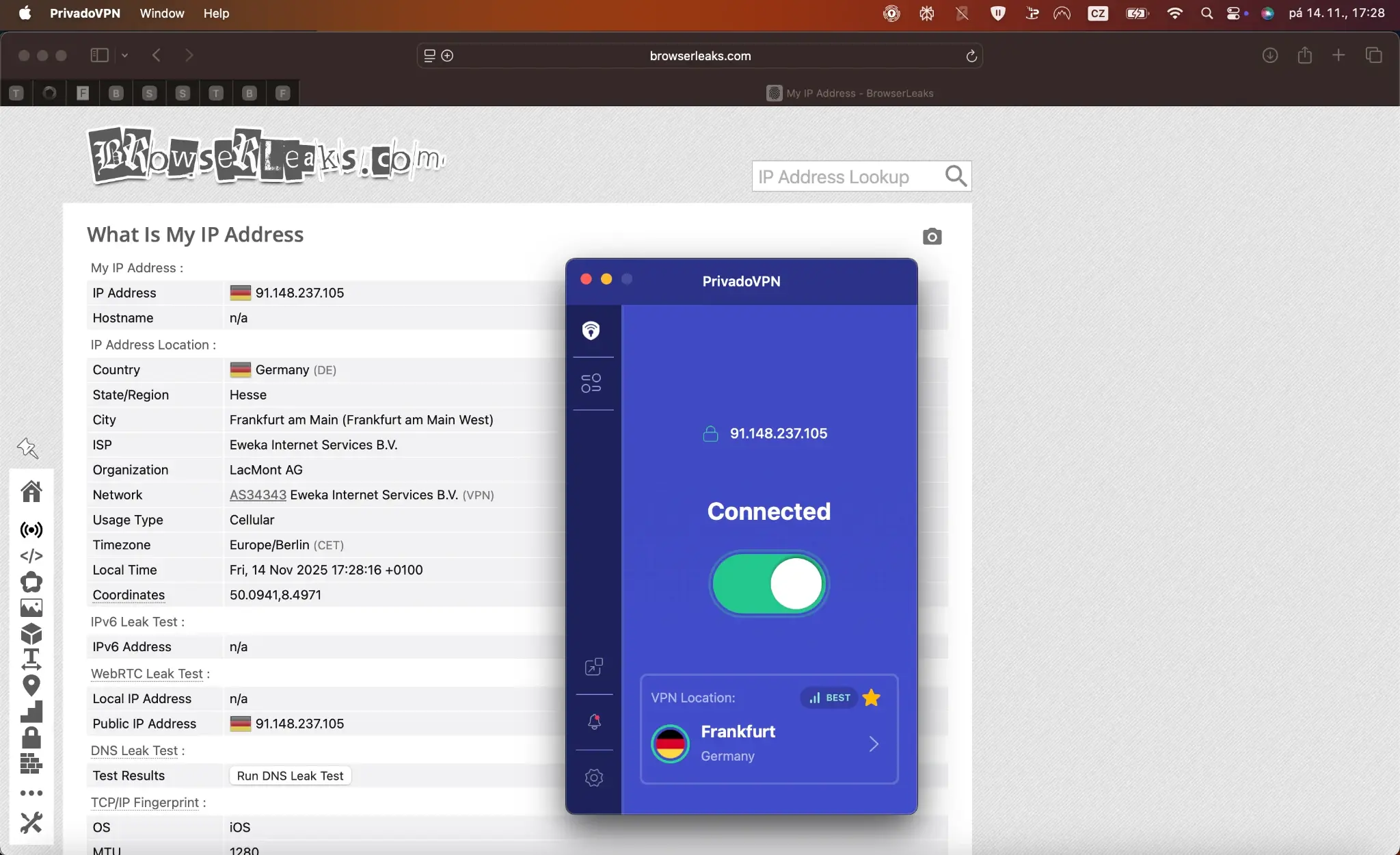 DNS a IP PRivadoVPN | Venclíkovi.cz Test připojení přes PrivadoVPN na německý server. IP adresa sedí a všechno proběhlo bez úniků.
