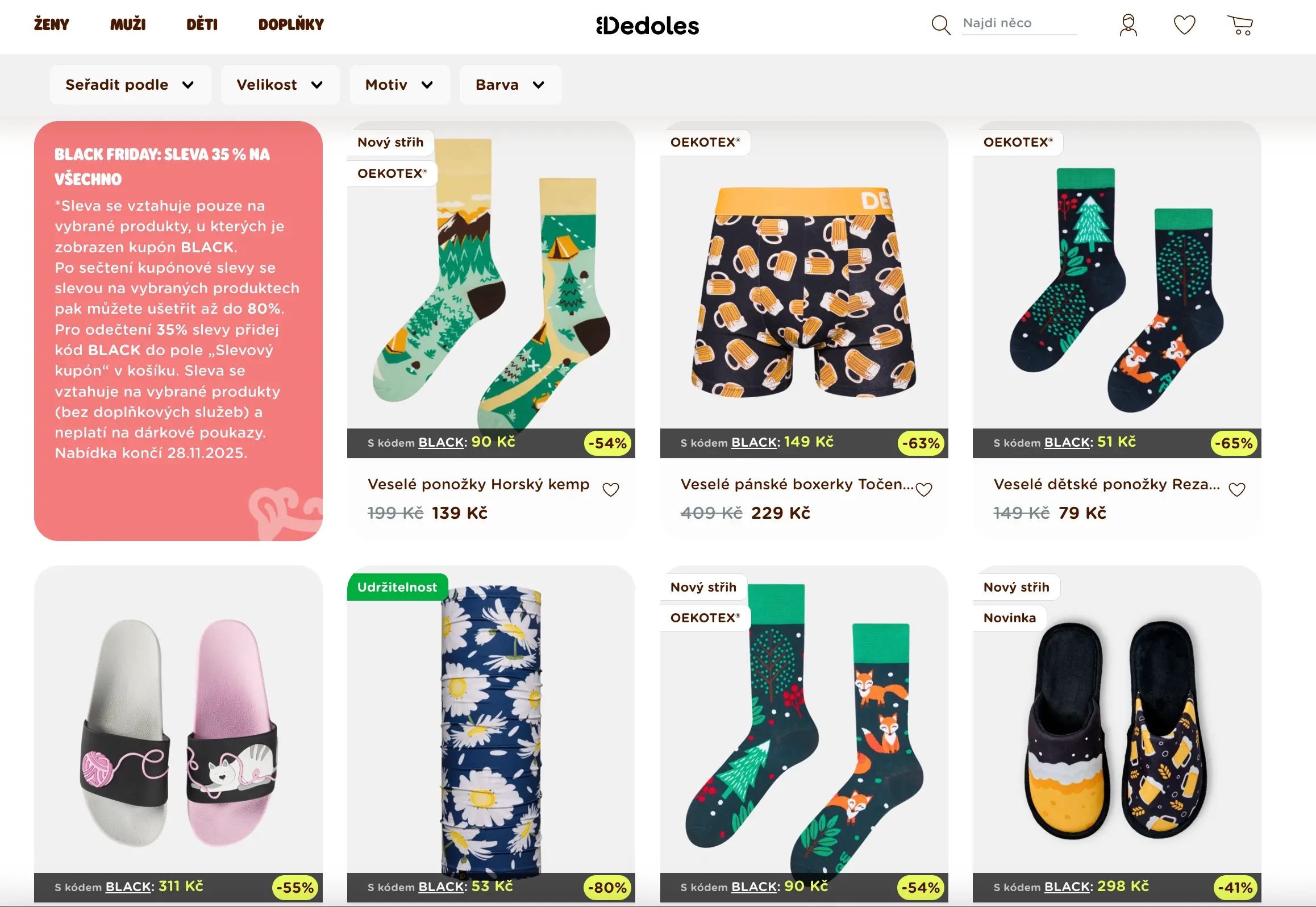Ukázka Dedoles Black Friday slev: ponožky, boxerky a pantofle s výraznou slevou a veselými motivy.