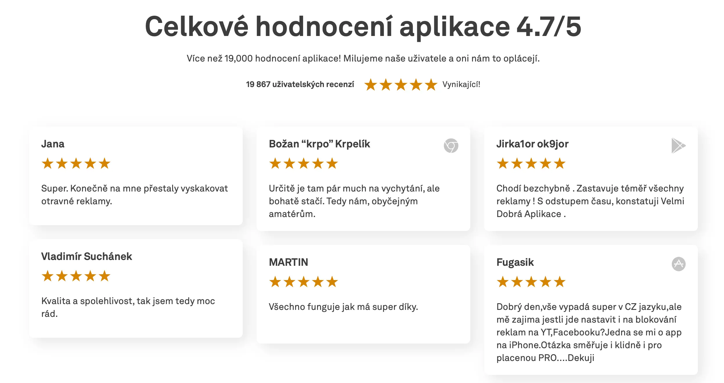 Uživatelské recenze a hodnocení aplikace AdGuard s průměrem 4,7 z 5 hvězdiček