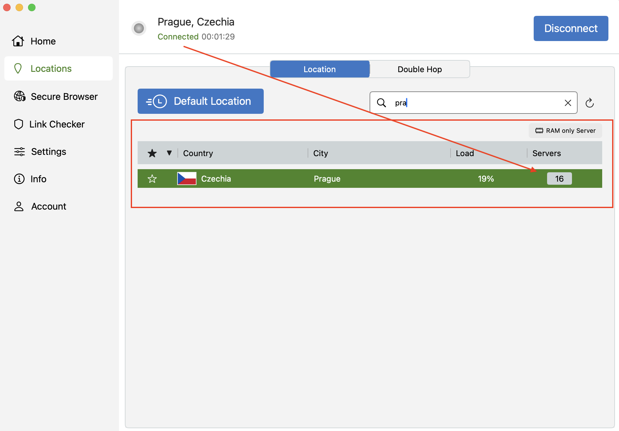 IPVanish zobrazuje český server v Praze a připojení s 16 dostupnými českými IP adresami