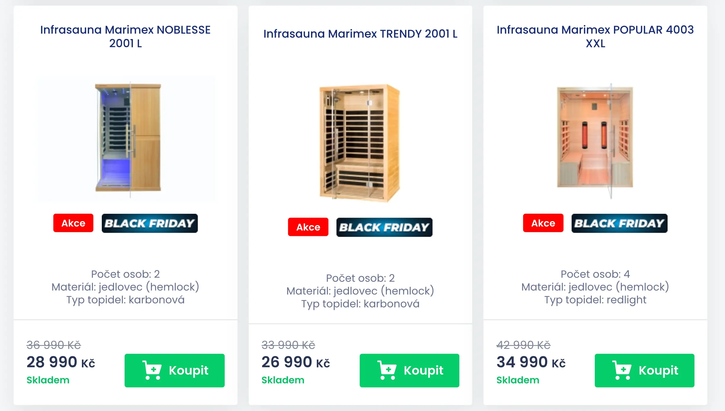 Infrasauny Marimex Noblesse 2001 L, Trendy 2001 L a Popular 4003 XXL v Black Friday nabídce