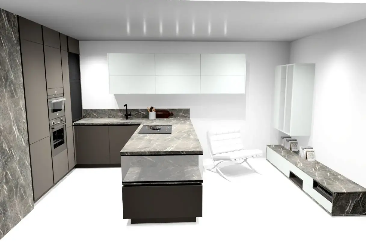 Luxusní tmavá kuchyň s kamennou pracovní deskou a vestavnými spotřebiči z expozice SIKO