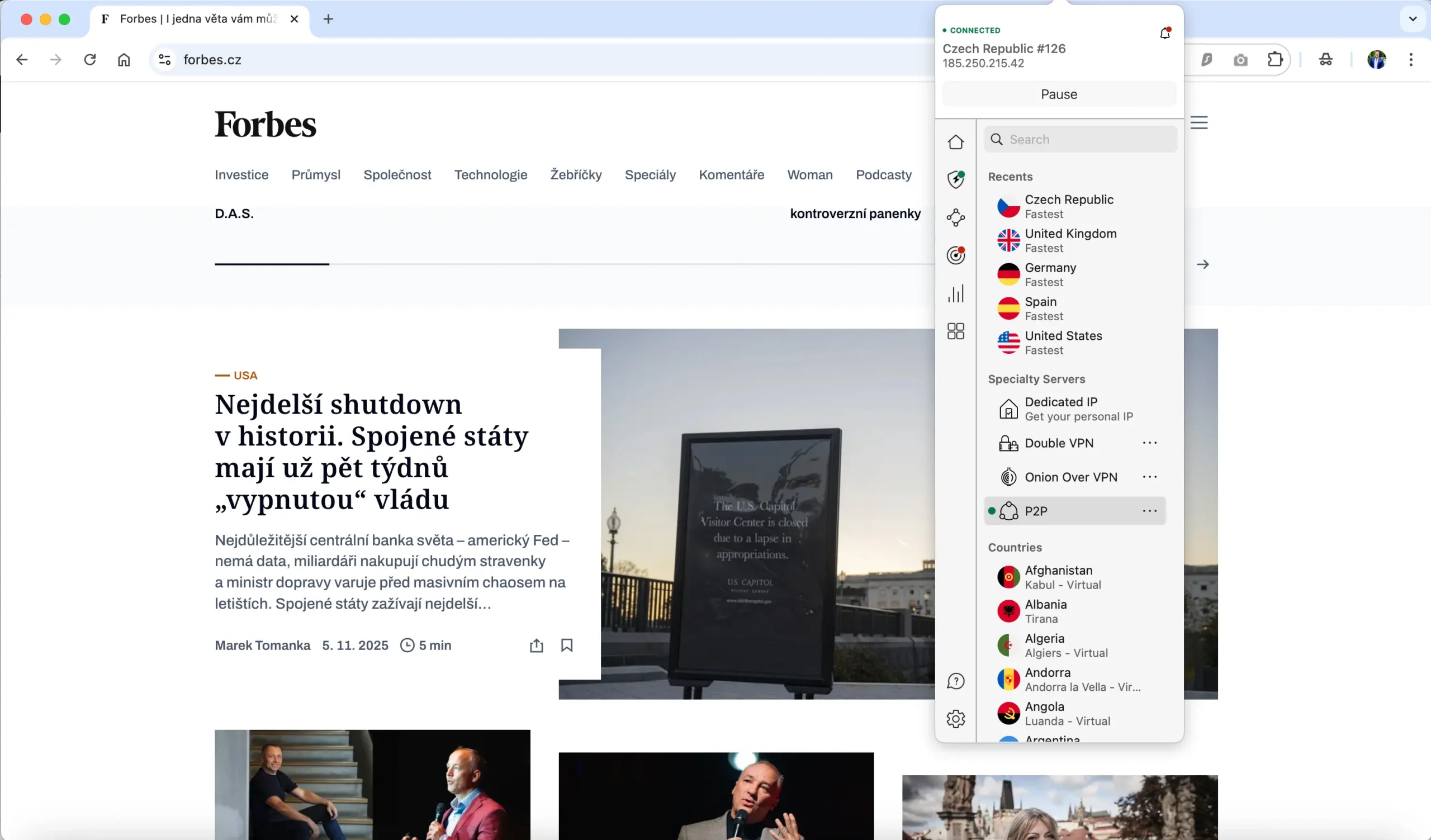 Stránka Forbes.cz otevřená v prohlížeči s aktivní aplikací NordVPN na macOS, připojenou k českému serveru – vidět je rozhraní NordVPN s přehledem serverů a funkcí Threat Protection Pro.