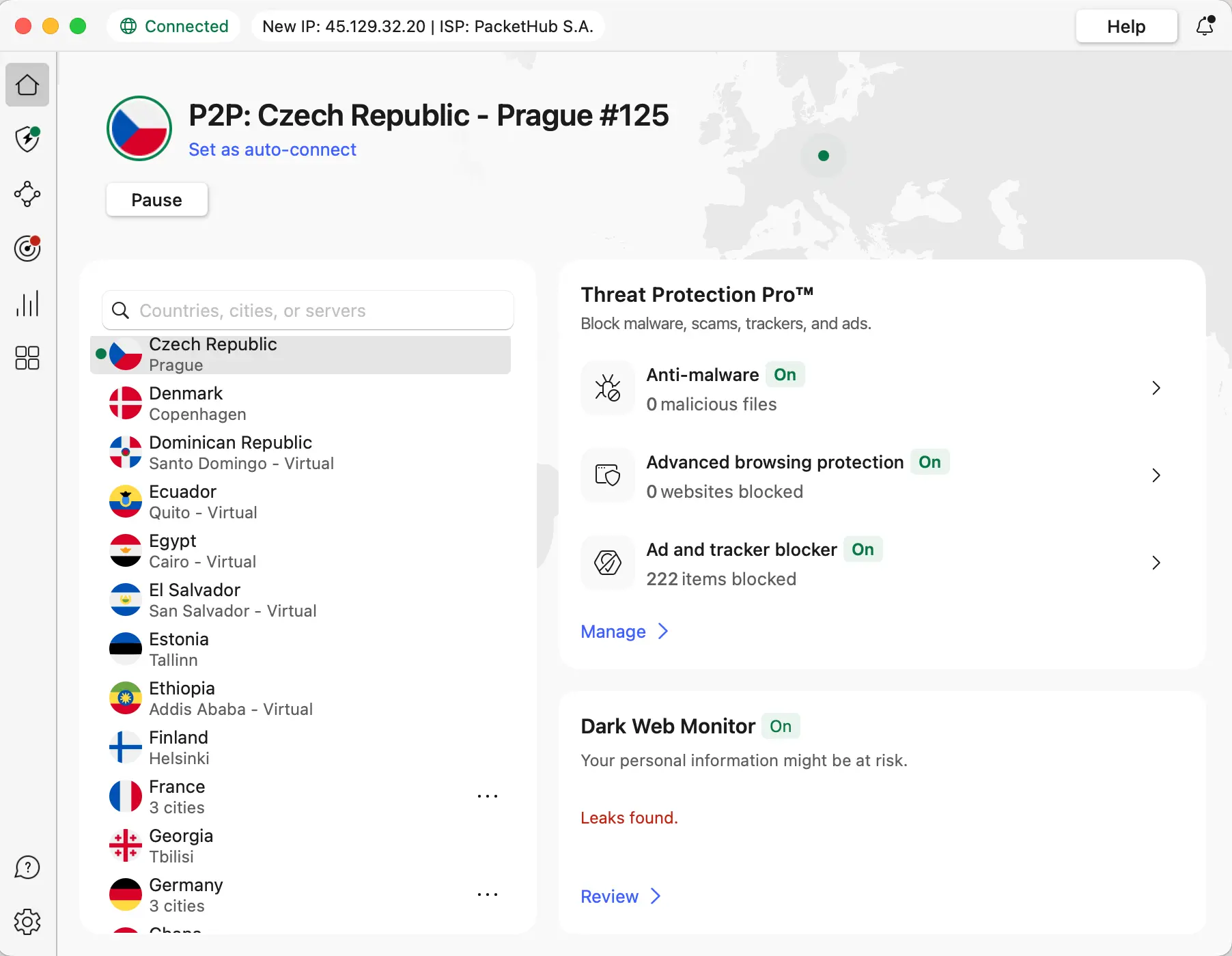 Aplikace NordVPN připojená k českému serveru v Praze s aktivní ochranou Threat Protection Pro, která blokuje malware, phishing a reklamy.