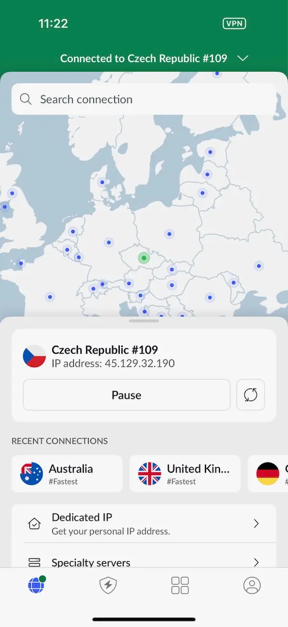 Screenshot z aplikace NordVPN na mobilu, připojení k českému serveru s novou IP adresou.