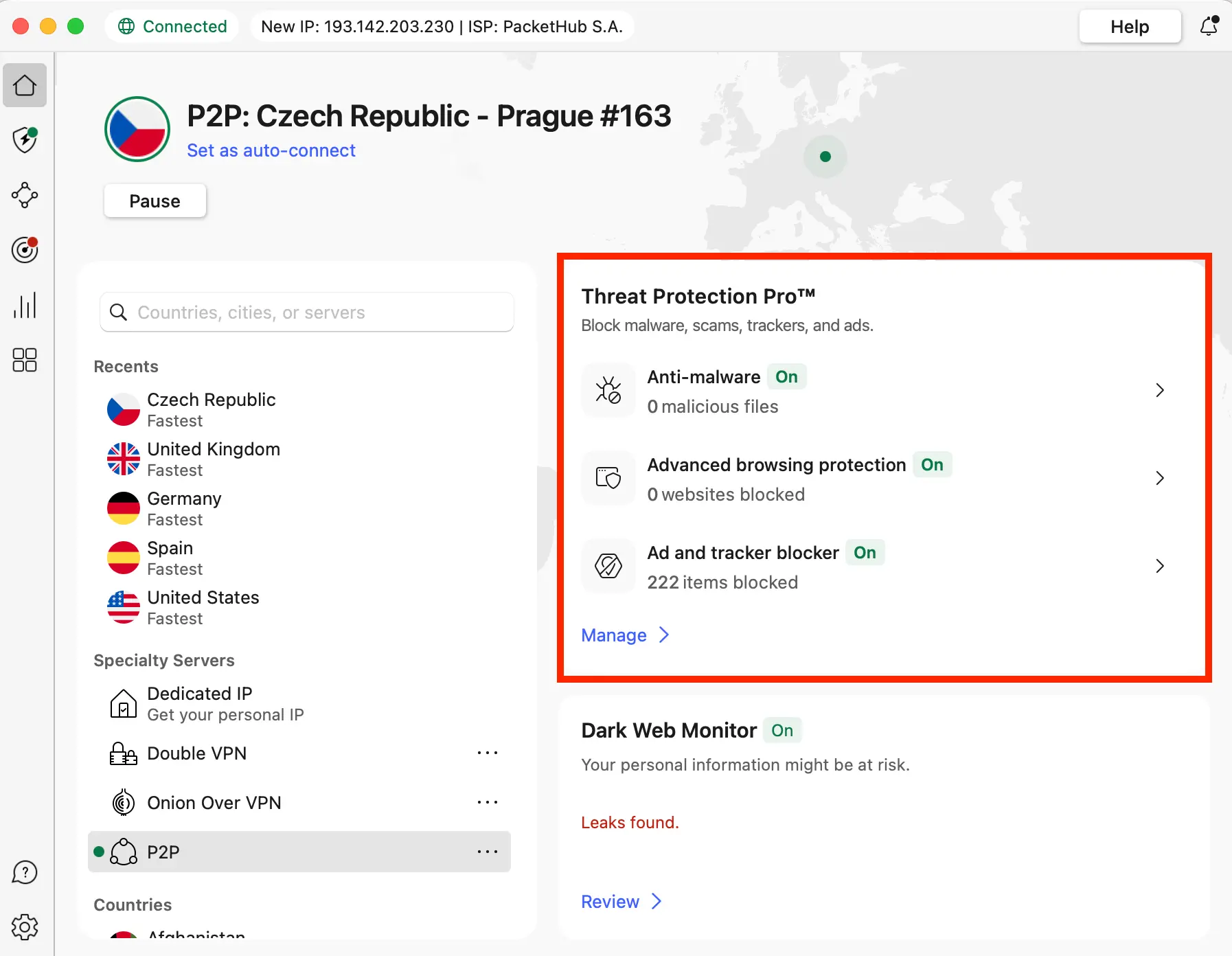 NordVPN aplikace na macOS s aktivní funkcí Threat Protection Pro, která blokuje malware, trackery a phishingové stránky – zobrazuje počet zablokovaných prvků a stav jednotlivých ochran.