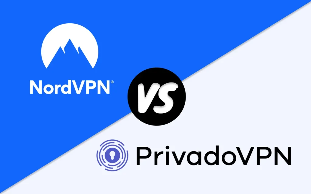 orovnání NordVPN a PrivadoVPN na jednoduché grafice, kde jsou loga obou služeb