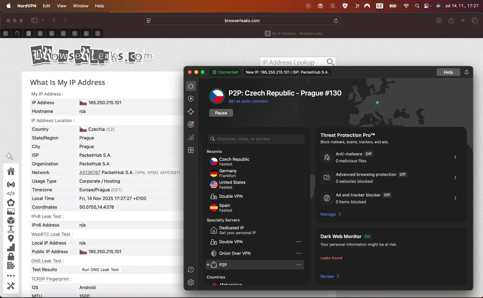 Nordvpn - IP a DNS | Venclíkovi.cz NordVPN při kontrole IP a DNS úniků na BrowserLeaks, připojený k českému serveru.
