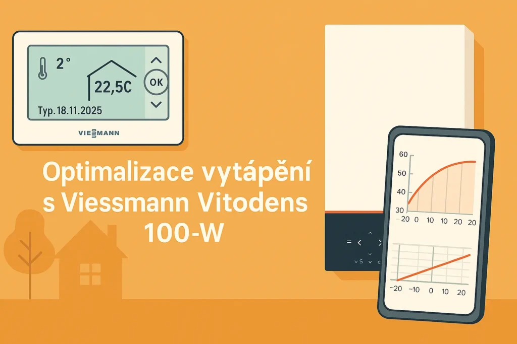 Ilustrace optimalizace vytápění s kotlem Viessmann Vitodens 100-W – termostat, mobil s topnou křivkou a bílý kotel na oranžovém pozadí.