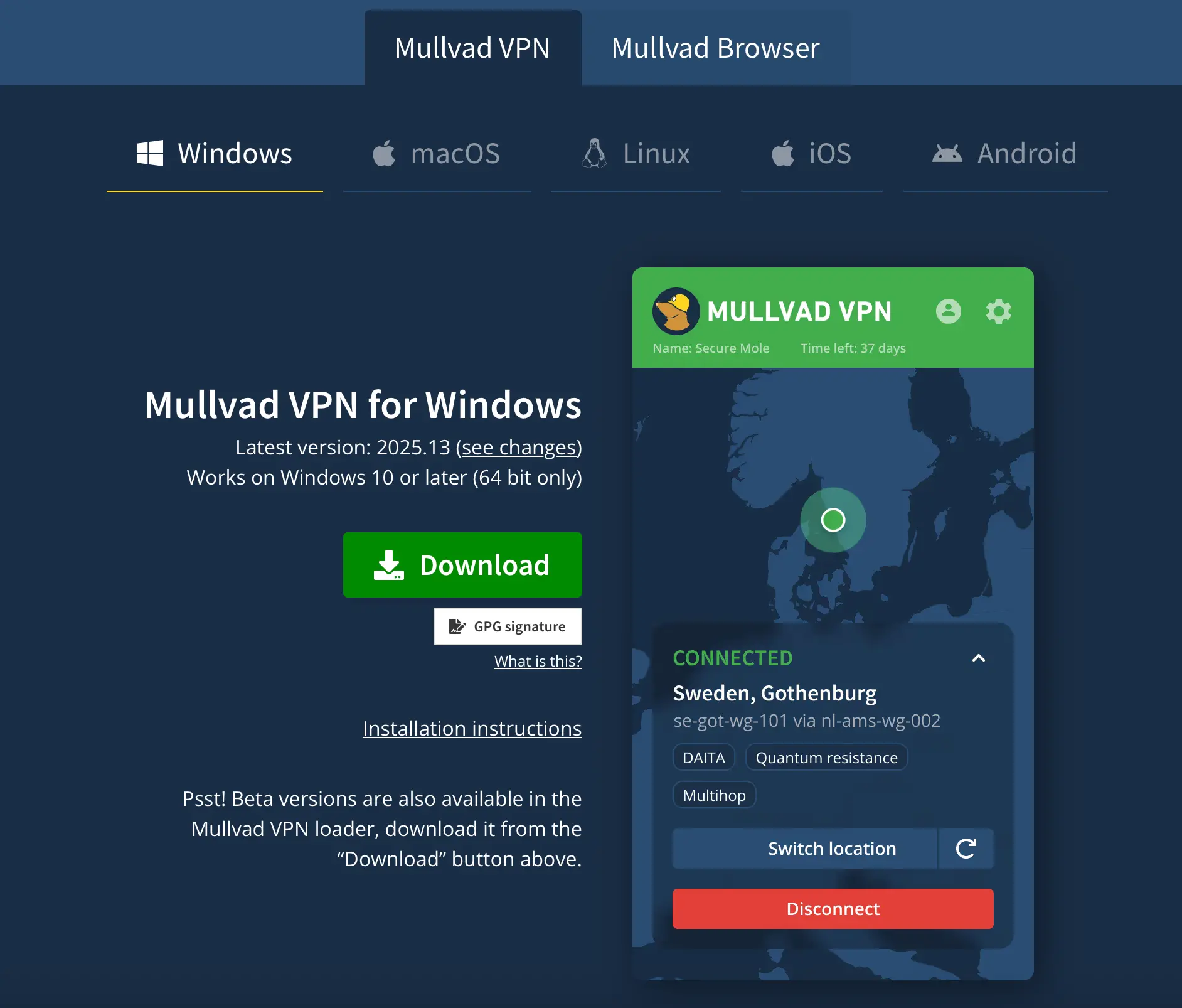 Oficiální instalační stránka Mullvad VPN pro Windows s náhledem aplikace a aktivním připojením přes švédský server.