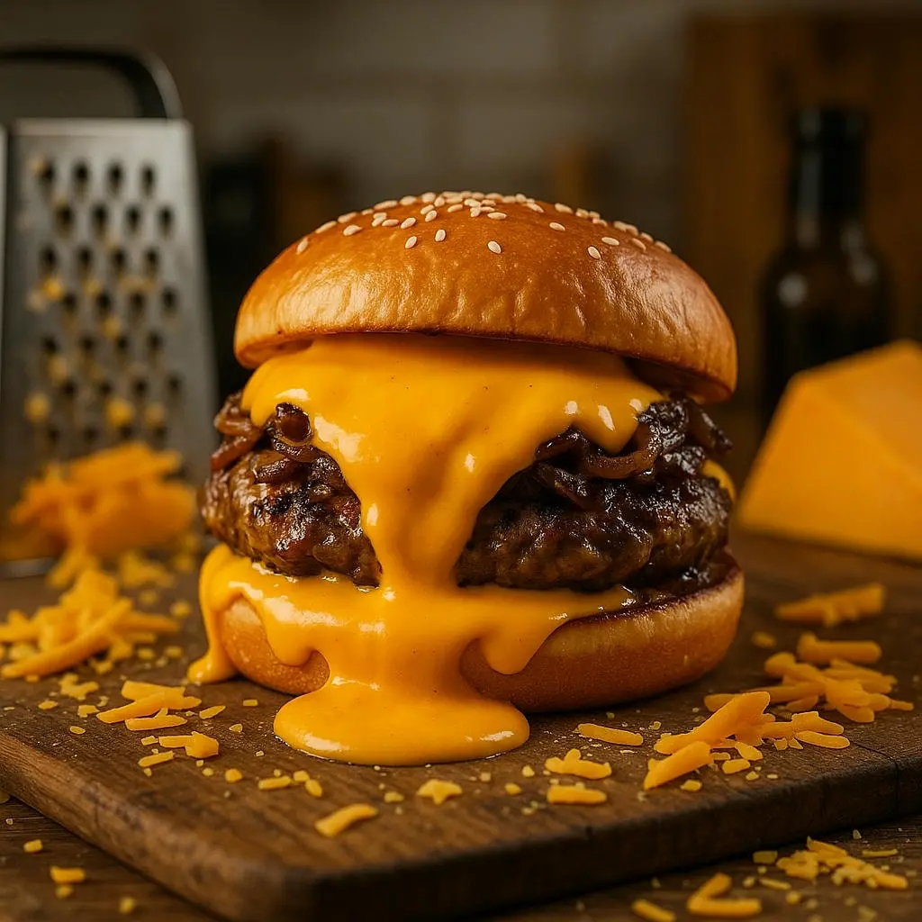 Burger zalitý prémiovou čedarovou omáčkou