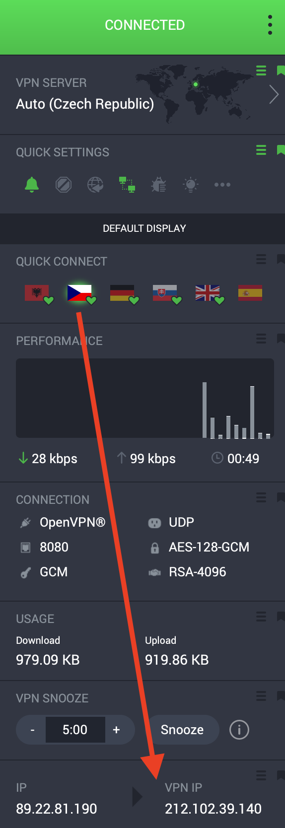 PIA VPN připojená k českému serveru s viditelnou českou VPN IP adresou