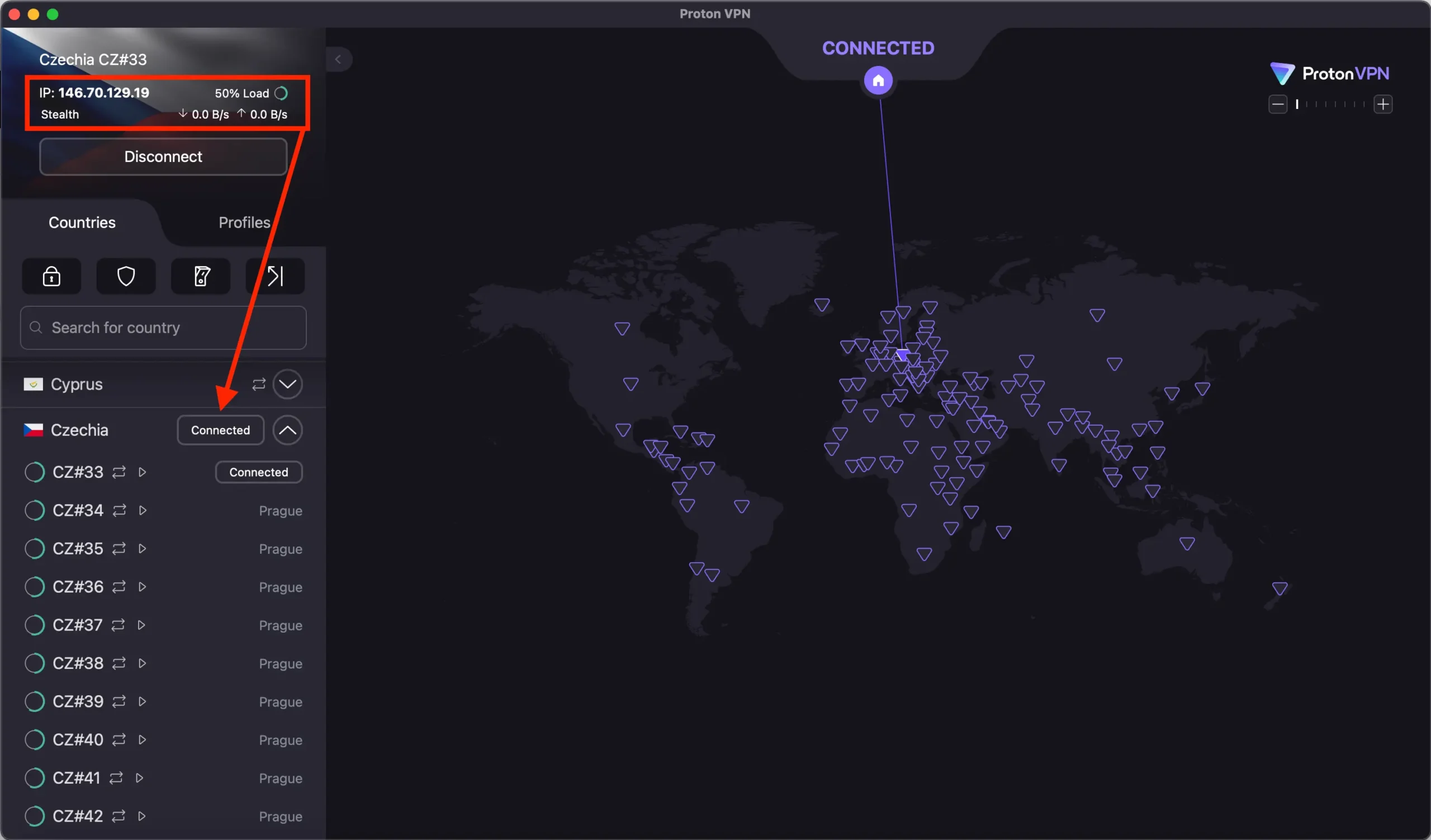 ProtonVPN připojený k českému serveru CZ#33 s viditelnou českou IP adresou
