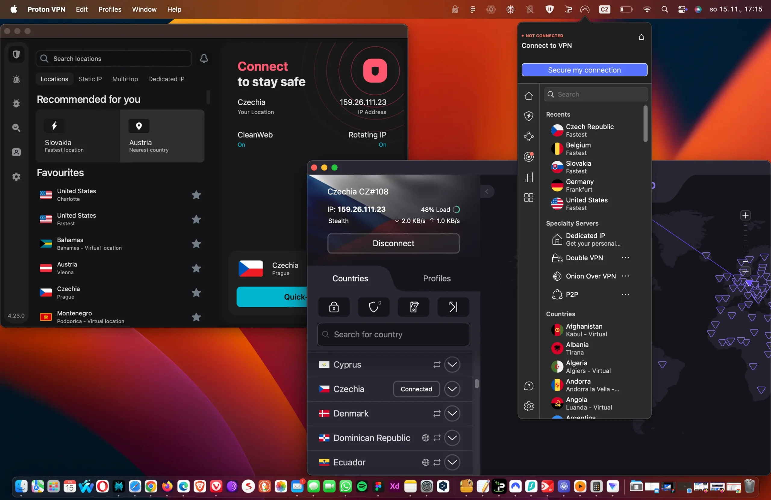 Připojení k českému VPN serveru přes ProtonVPN na MacBooku s aktivní českou IP adresou