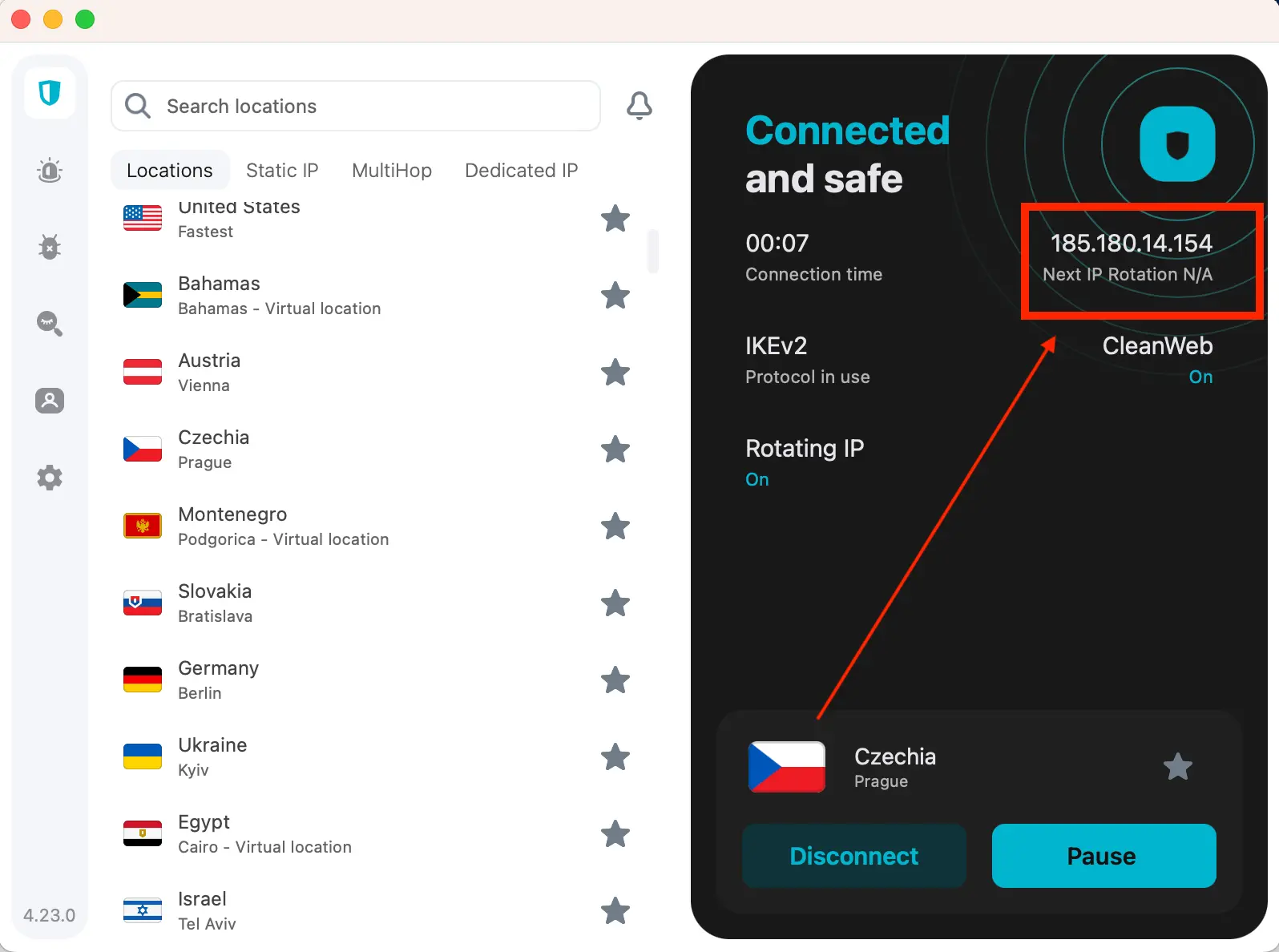 Surfshark připojený k českému serveru v Praze s viditelnou českou IP adresou v aplikaci