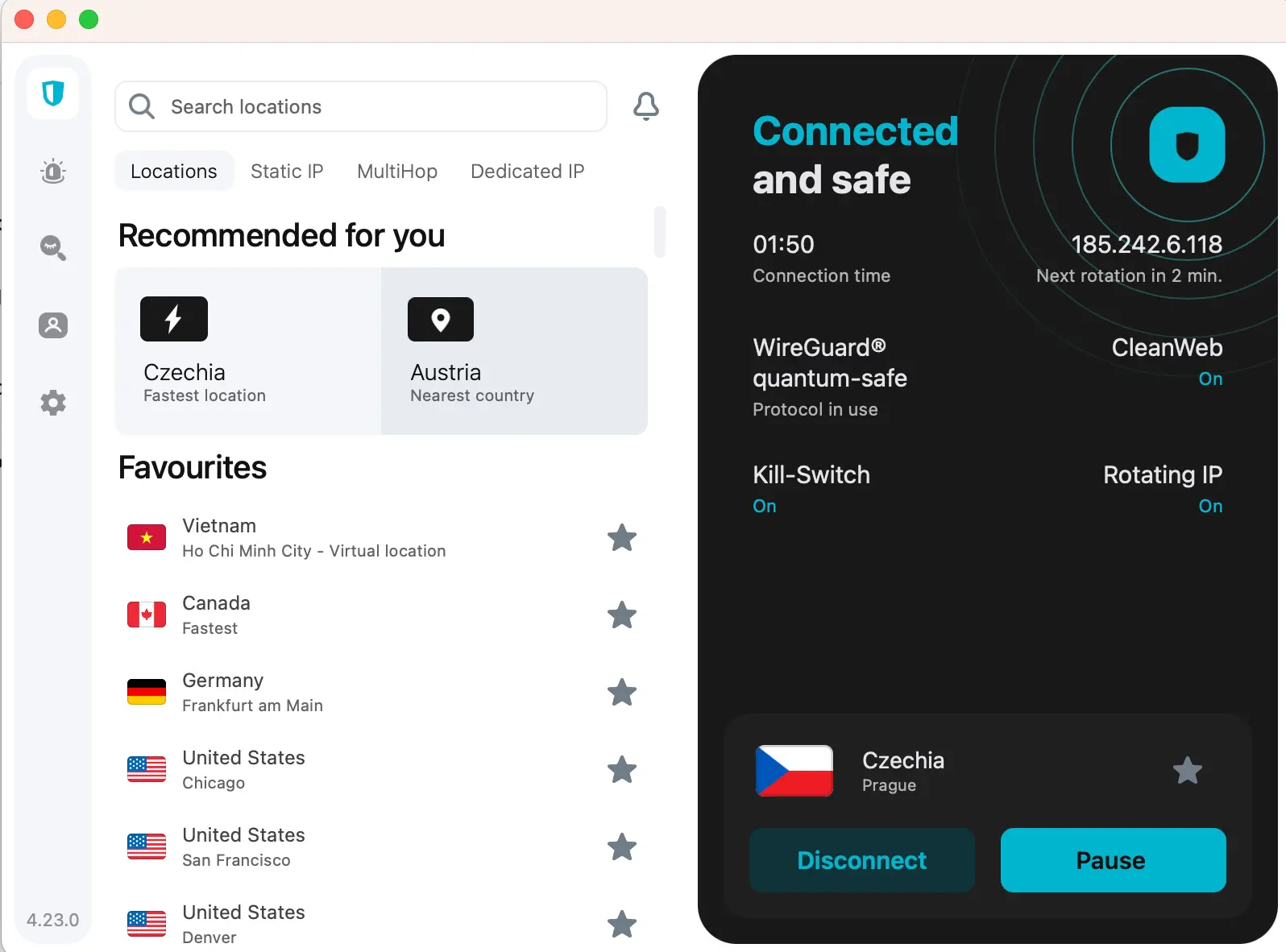 Surfshark VPN s aktivní funkcí Clean Web, která blokuje reklamy a sledovače během připojení přes český server