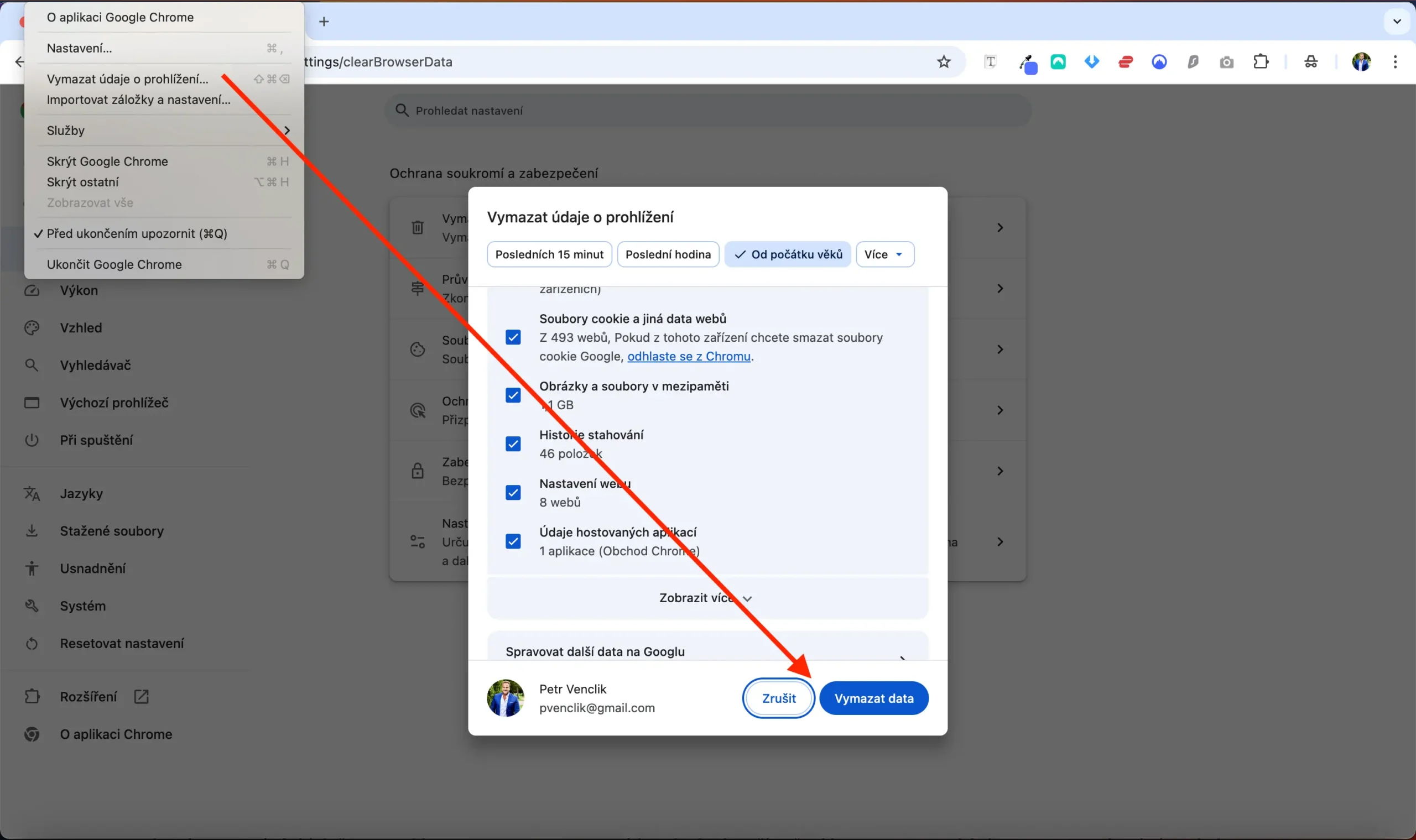 Vymazání cookies a dat prohlížení v Google Chrome při řešení problémů s VPN