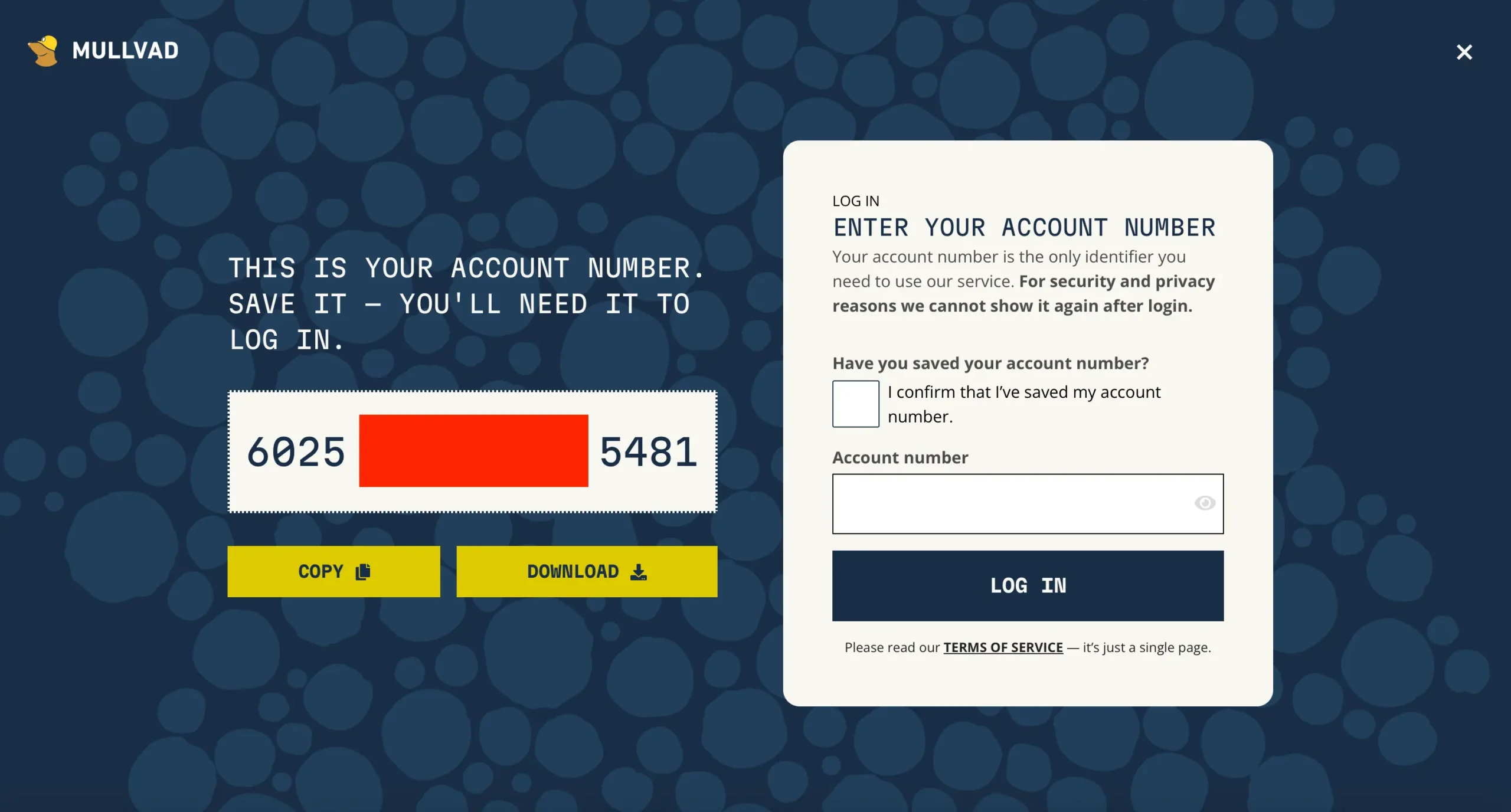 Registrace do Mullvad VPN probíhá bez emailu, uživatel obdrží anonymní 16místné číslo účtu jako jediný přístupový údaj.