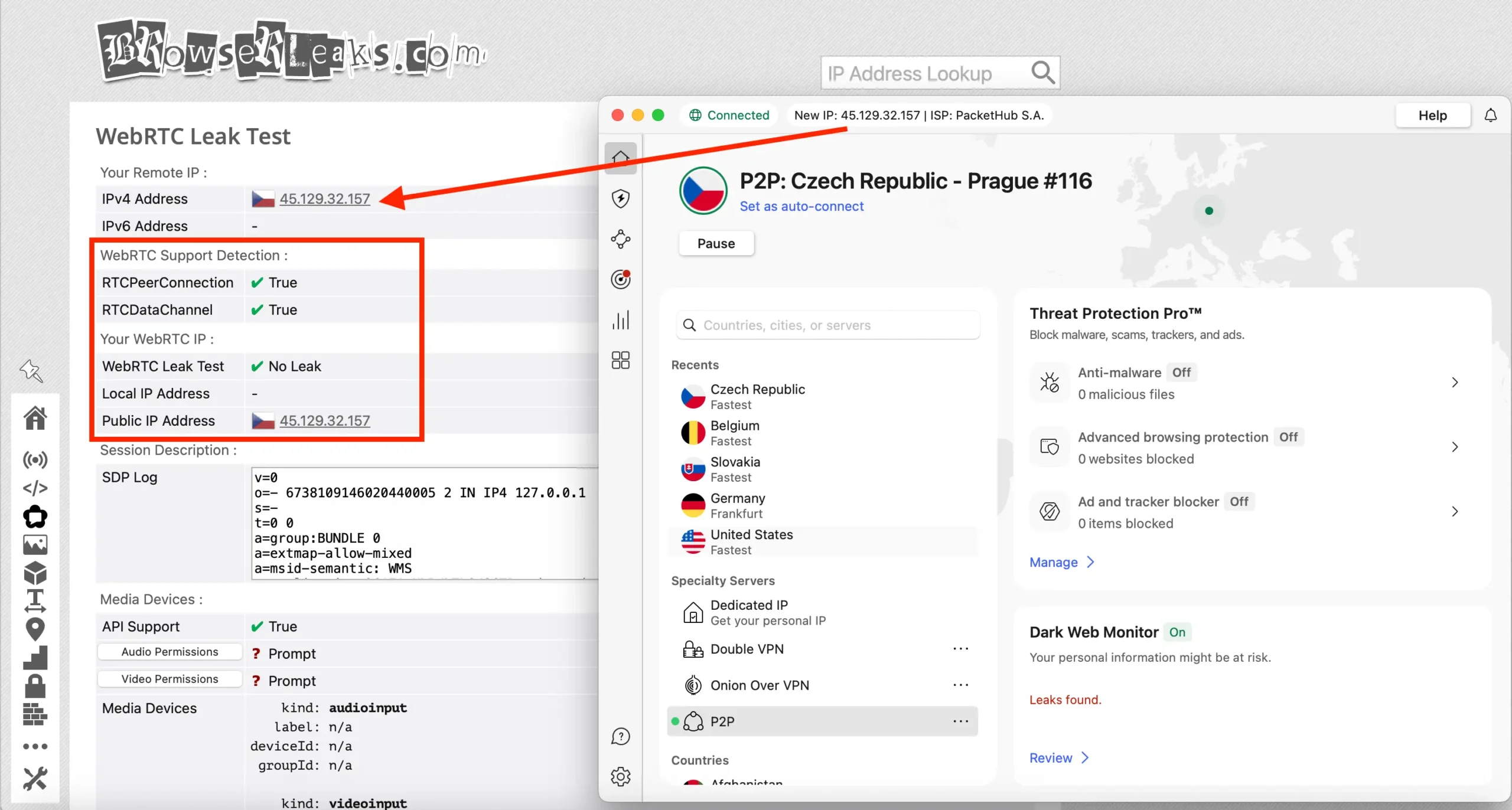 Test WebRTC s aktivní českou VPN IP adresou bez úniku skutečné polohy