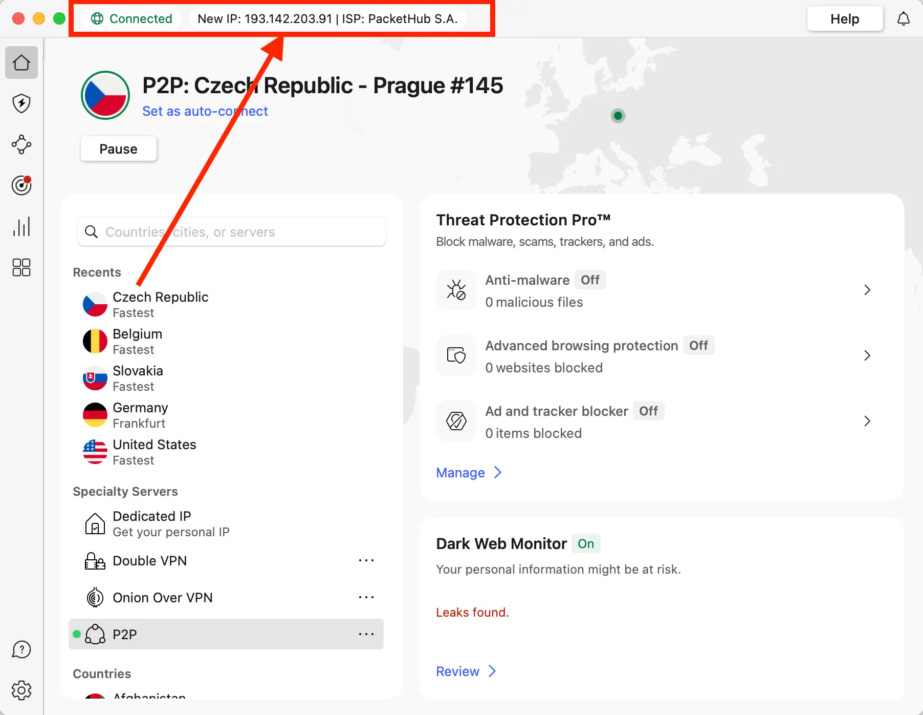 NordVPN připojená k českému serveru v Praze s nově přidělenou českou IP adresou
