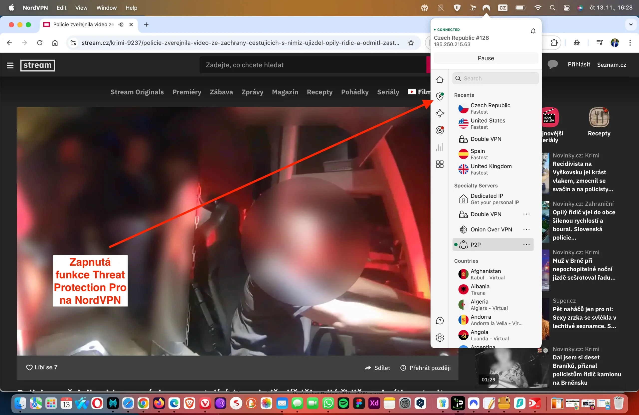 Zapnutá NordVPN s ochranou proti malware a reklamám | Venclíkovi.cz Stream.cz spuštěný s aktivní ochranou Threat Protection Pro v NordVPN, která chrání před škodlivými weby a doplňuje blokování reklam od AdGuardu.