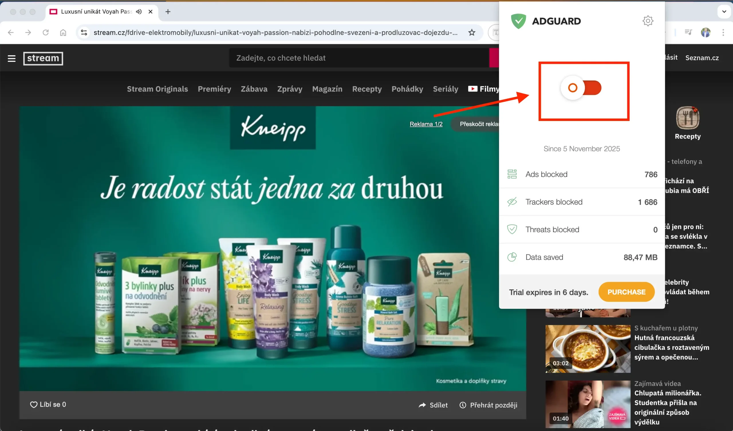 Zapnuté reklamy na Streamcz | Venclíkovi.cz Stream.cz s vypnutým AdGuardem, kde se před videem zobrazují běžné reklamy a přehrávač ukazuje reklamu jedna z dvou.