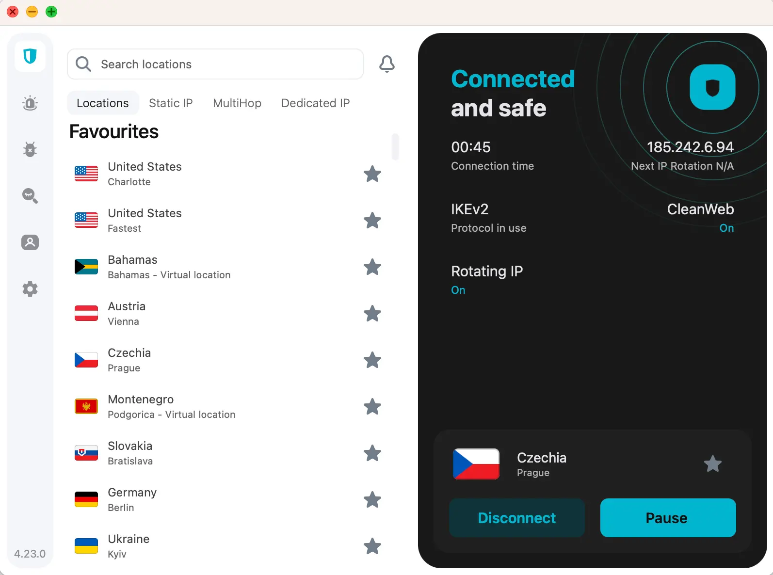 Aplikace Surfshark na macOS připojená k českému serveru v Praze s aktivní funkcí CleanWeb, která blokuje reklamy, trackery a škodlivé weby.