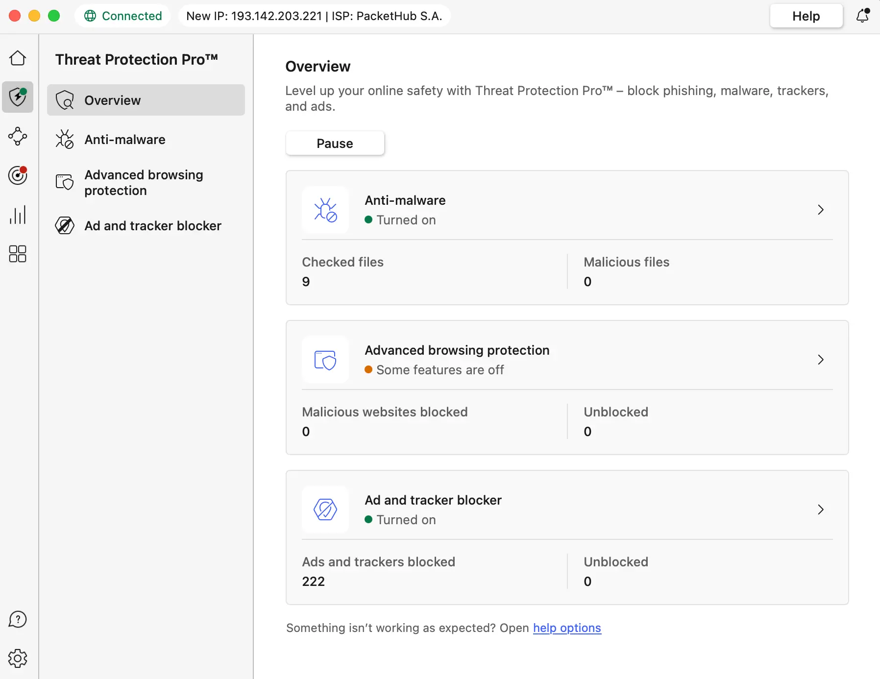 Detailní přehled aktivní funkce Threat Protection Pro v aplikaci NordVPN na macOS, zobrazující statistiky zkontrolovaných souborů, zablokovaných reklam a trackerů.