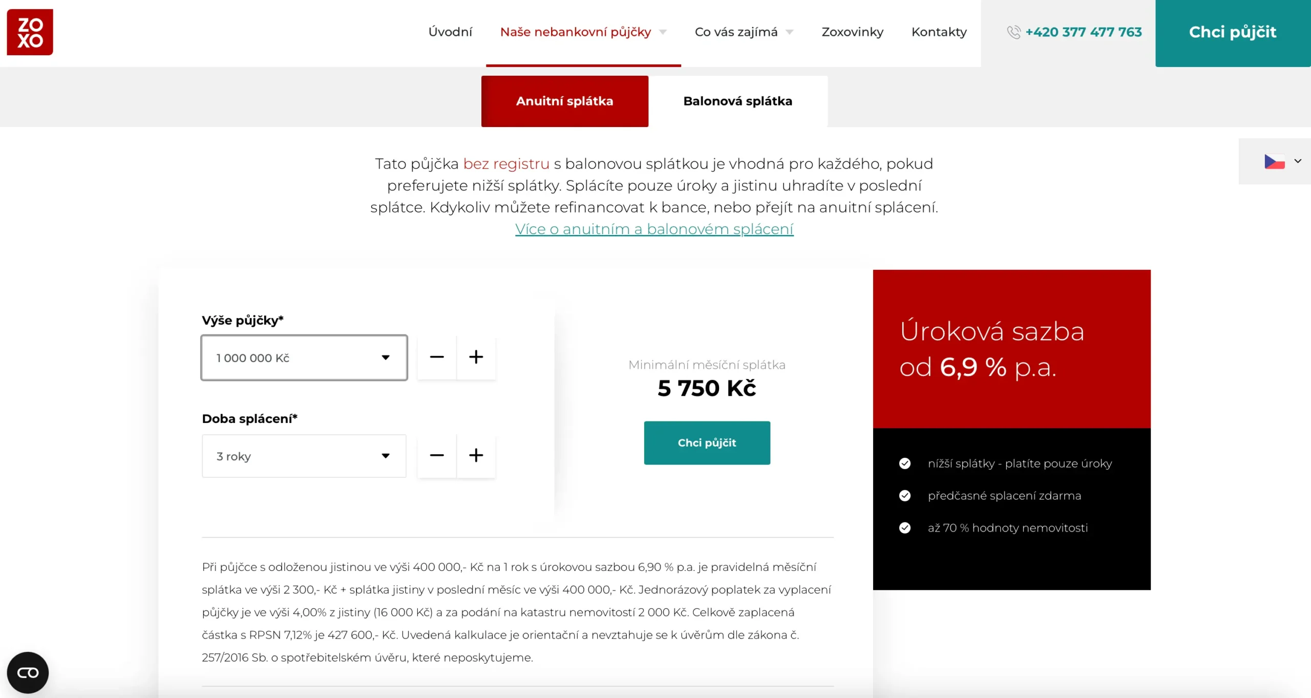 Kalkulace podnikatelské půjčky ZOXO s balonovou splátkou a úrokem od 6,9 % ročně – nižší měsíční splátka a splacení jistiny na konci.