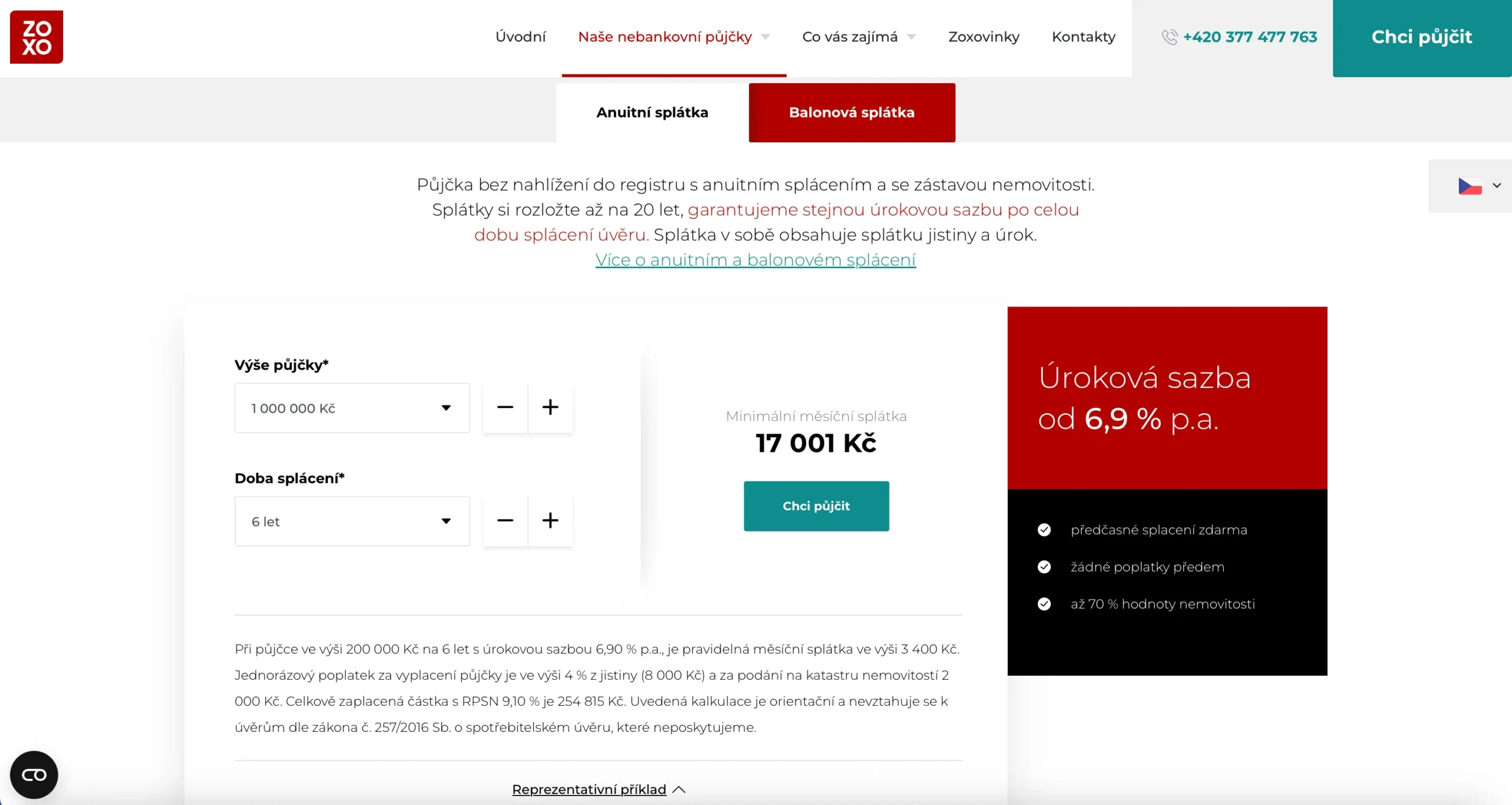 Modelový příklad podnikatelské půjčky ZOXO s anuitní splátkou a fixní úrokovou sazbou – měsíční splátky po dobu 6 let.
