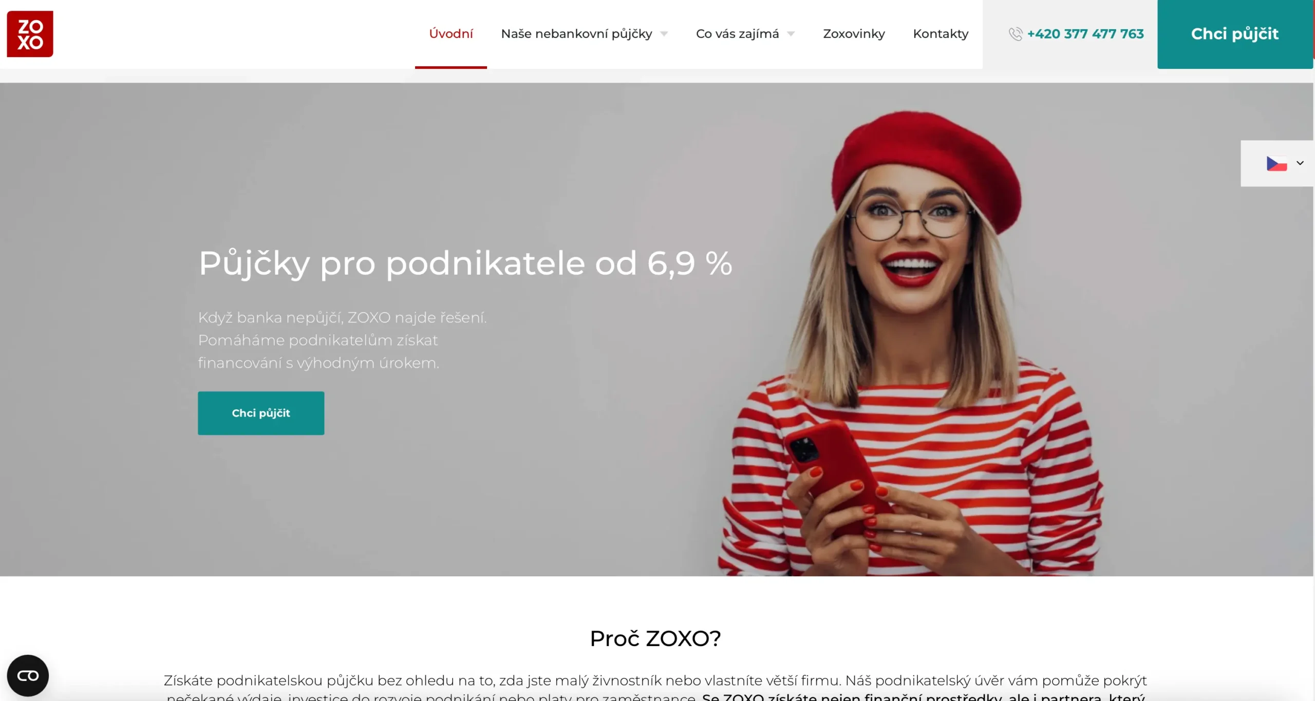Úvodní stránka ZOXO – půjčky pro podnikatele s úrokem od 6,9 %, bez registru a s lidským přístupem.