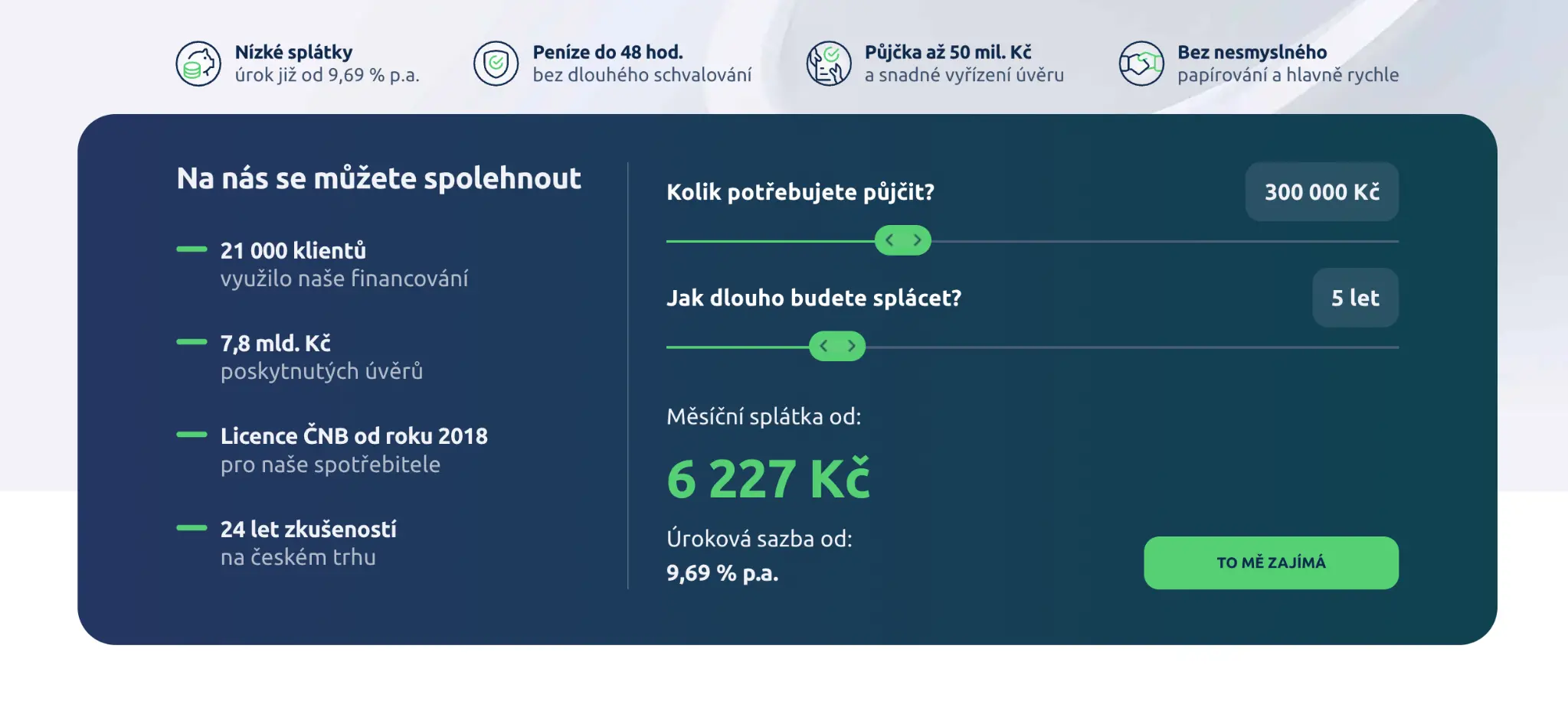 Kalkulačka půjčky ACEMA s příkladem měsíční splátky a úrokové sazby 9,69 % p.a.