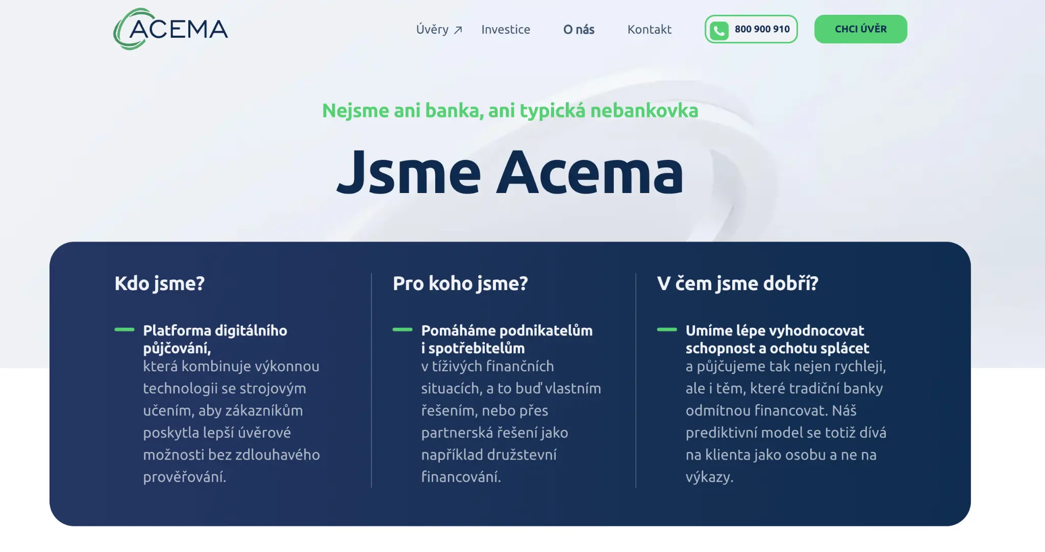 Stránka „Jsme Acema“ představující společnost jako moderní platformu digitálního půjčování.