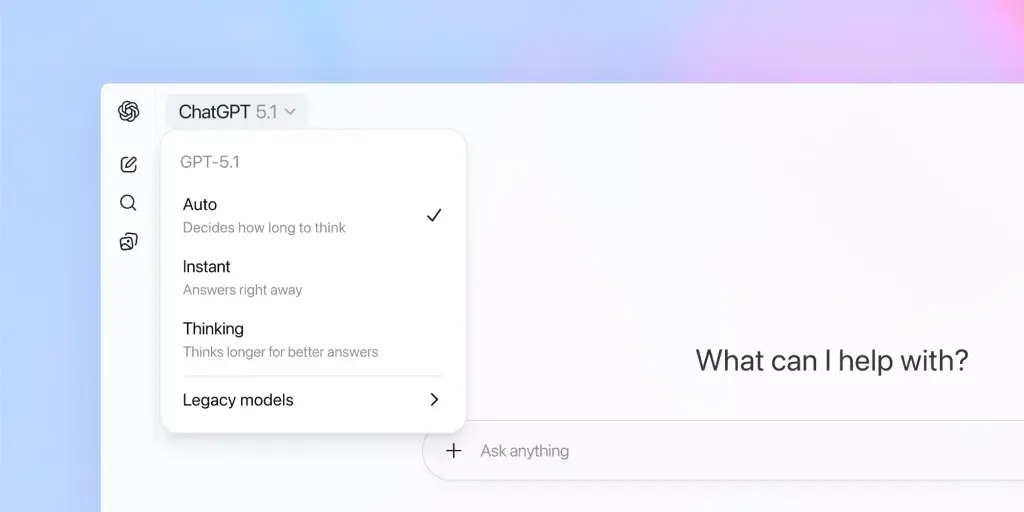 Nabídka výběru modelů v ChatGPT, kde jsou režimy Auto, Instant a Thinking u GPT-5.1.
