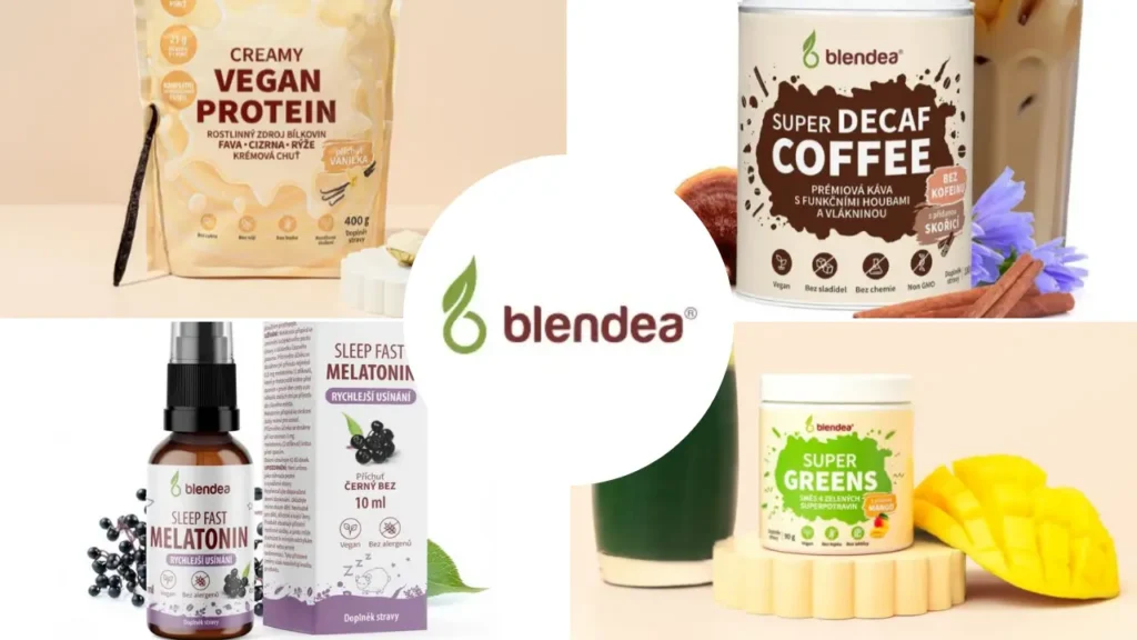 Různé produkty Blendea – protein, káva, melatonin, supergreens a logo uprostřed