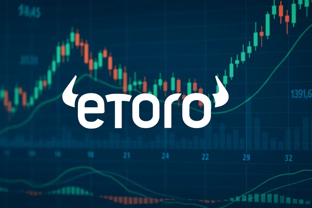 Obrázek s logem eToro uprostřed, za kterým jsou svíčkové grafy a křivky znázorňující vývoj investic.