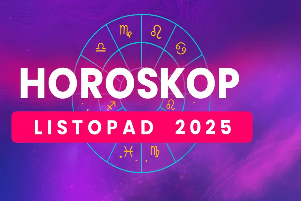 Horoskop na listopad 2025 s barevným astrologickým kolem znamení zvěrokruhu na fialovo růžovém pozadí.