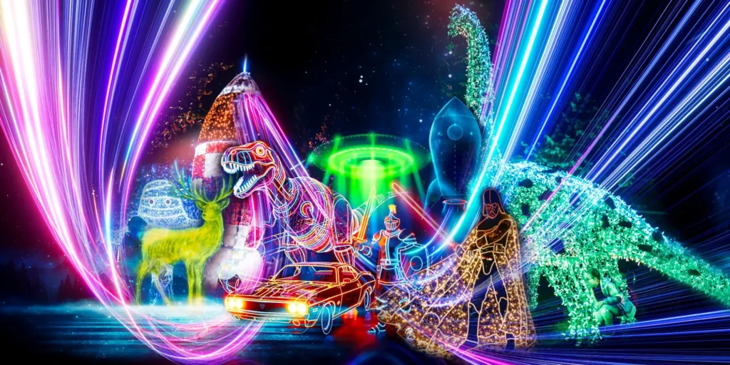 Barevná světelná instalace v Lumina Parku v Praze plná dinosaurů, rytířů a vesmírných motivů