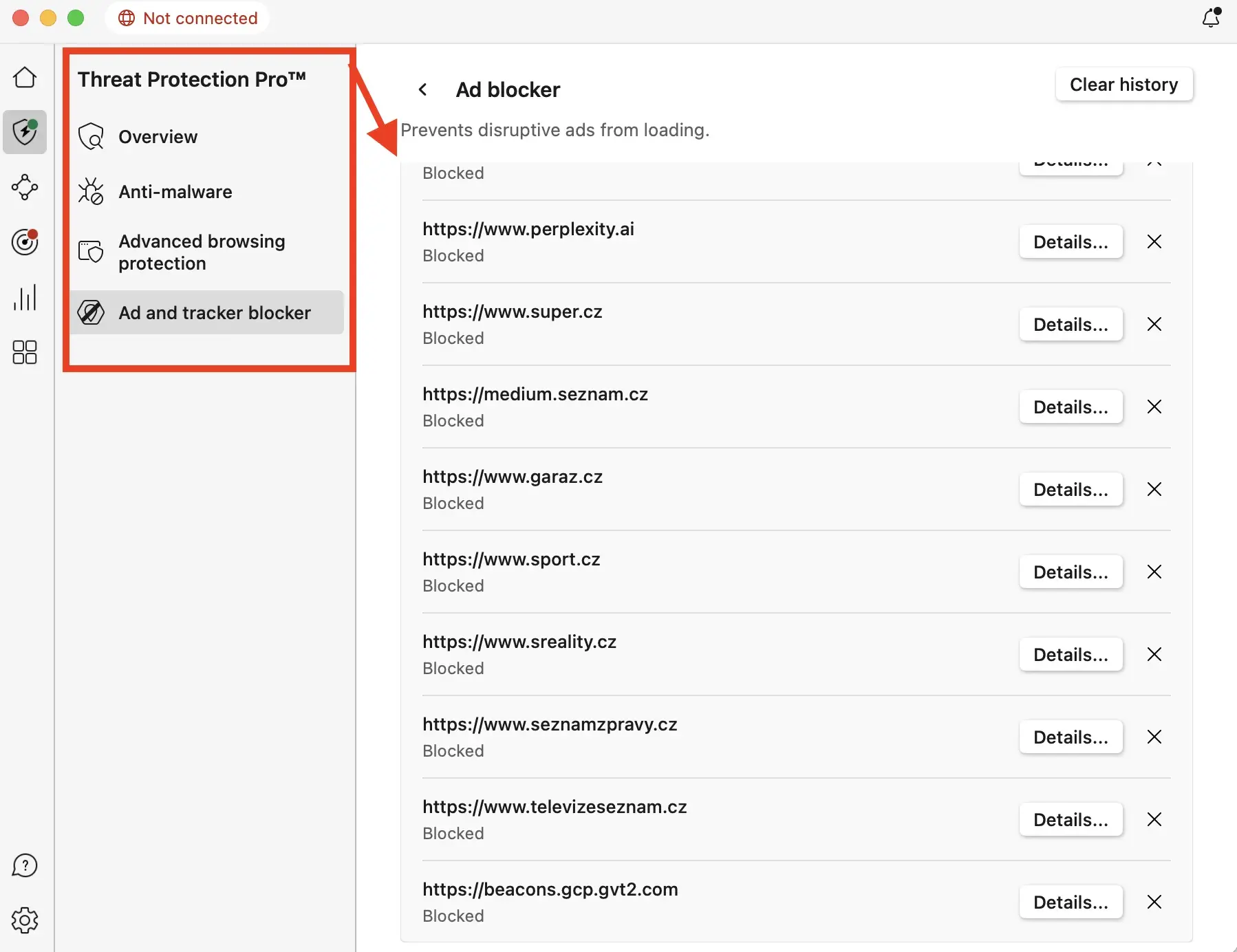 Detailní výpis blokovaných webů v NordVPN Threat Protection