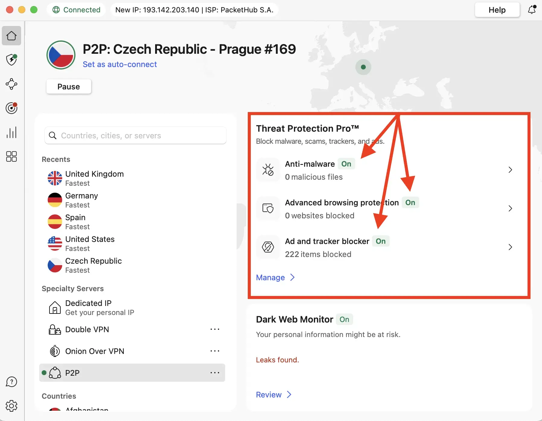 Přehled zapnutých bezpečnostních funkcí NordVPN