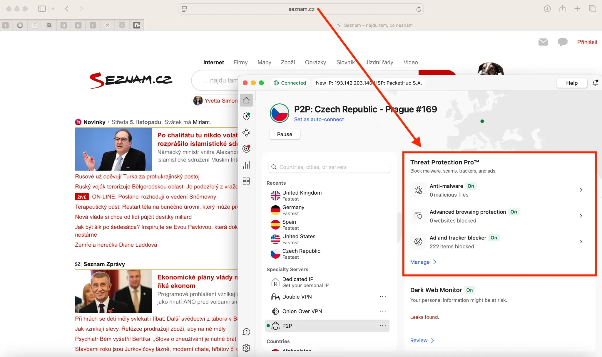 Domovská stránka Seznam.cz bez reklam díky NordVPN
