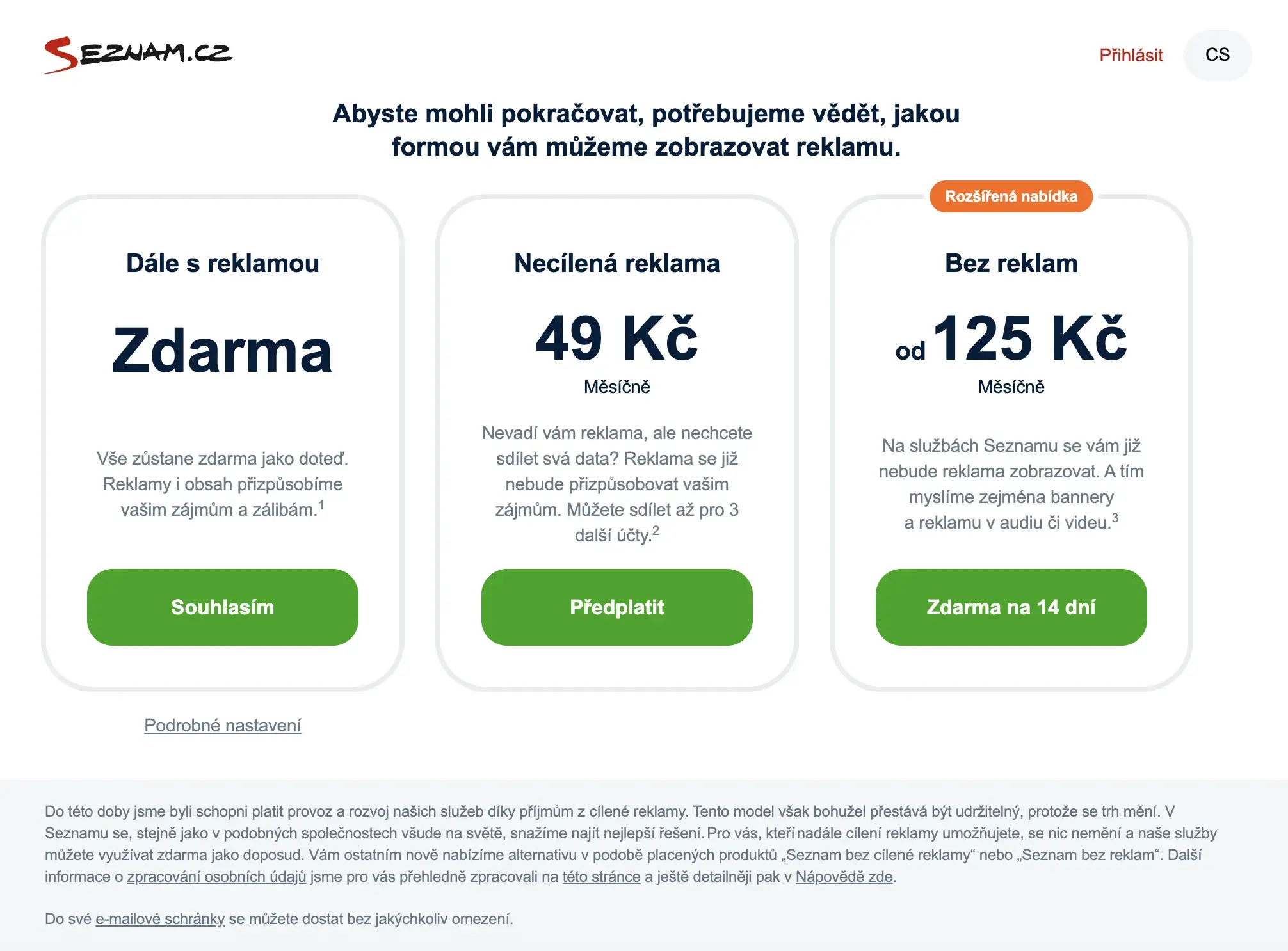 Ceník služby Seznam bez reklam – porovnání variant