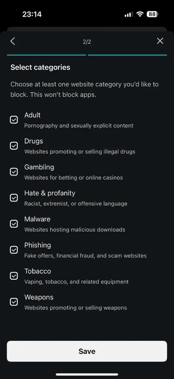 Surfshark Web Content Blocker s aktivními kategoriemi blokace