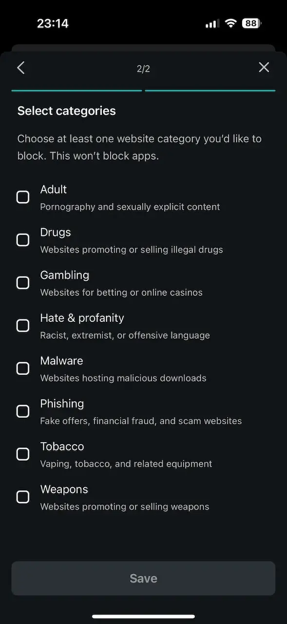 Nabídka kategorií ve Web Content Blockeru před jejich zapnutím
