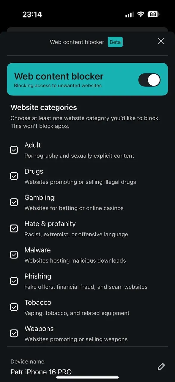Aktivní Web Content Blocker v Surfsharku se zapnutými kategoriemi