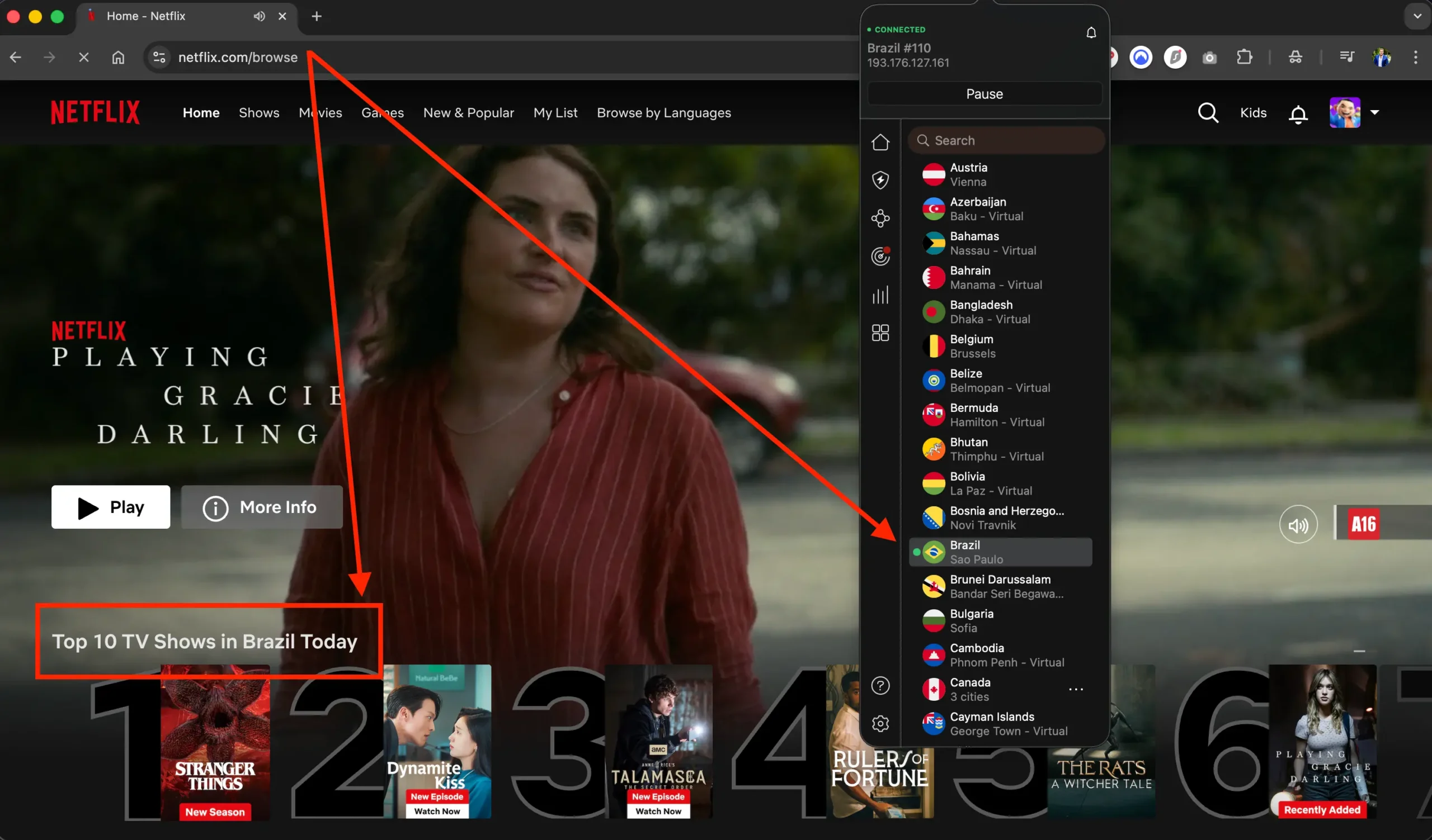 Brazilský Netflix | Venclíkovi.cz Netflix přepnutý na brazilskou knihovnu přes VPN s aktivním připojením do Brazílie a žebříčkem Top 10 TV pořadů v Brazílii