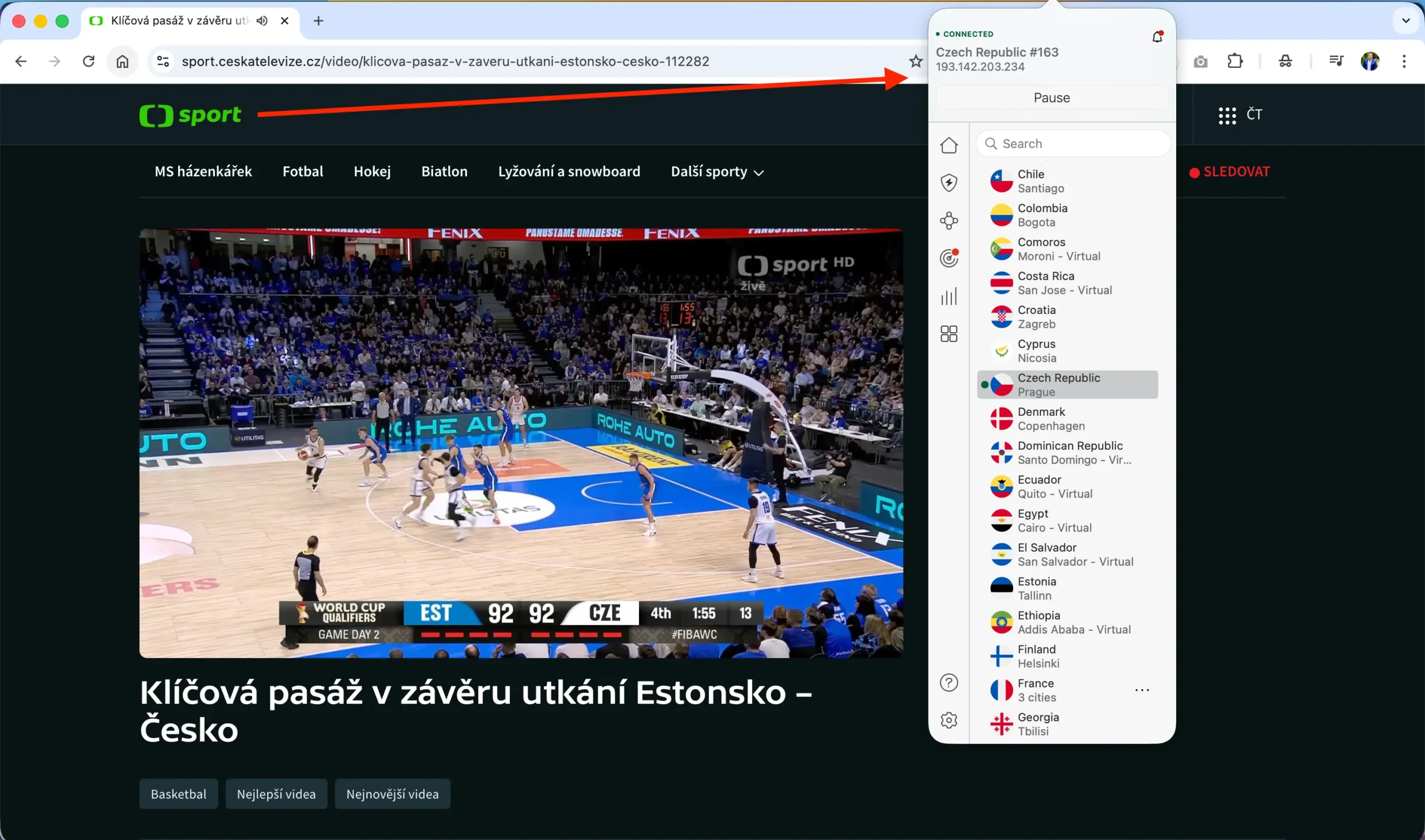Připojení přes NordVPN na český server umožňuje sledovat ČT sport i z Thajska