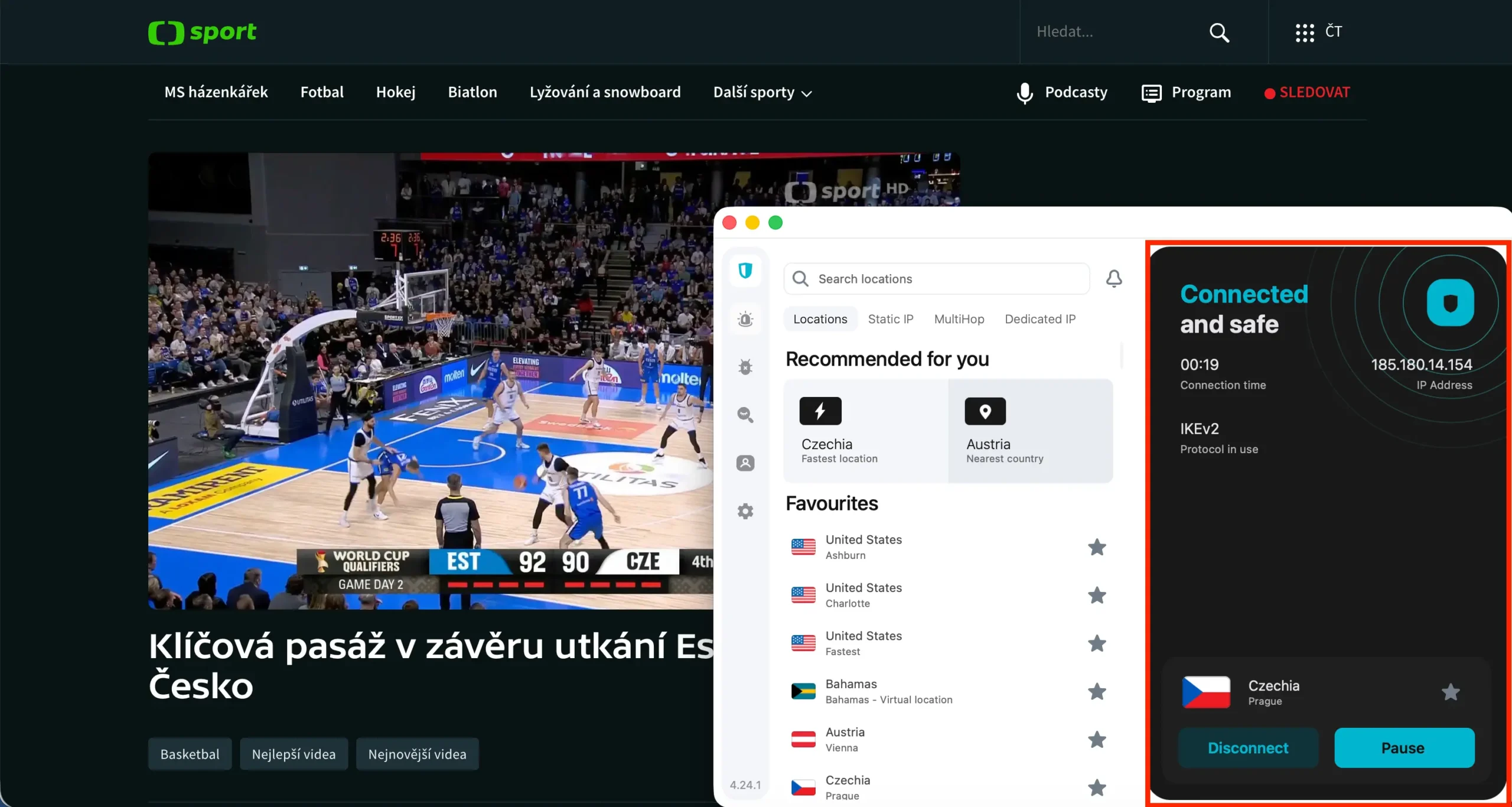 Sledování ČT sport v Thajsku přes VPN připojení k serveru v Česku pomocí Surfshark